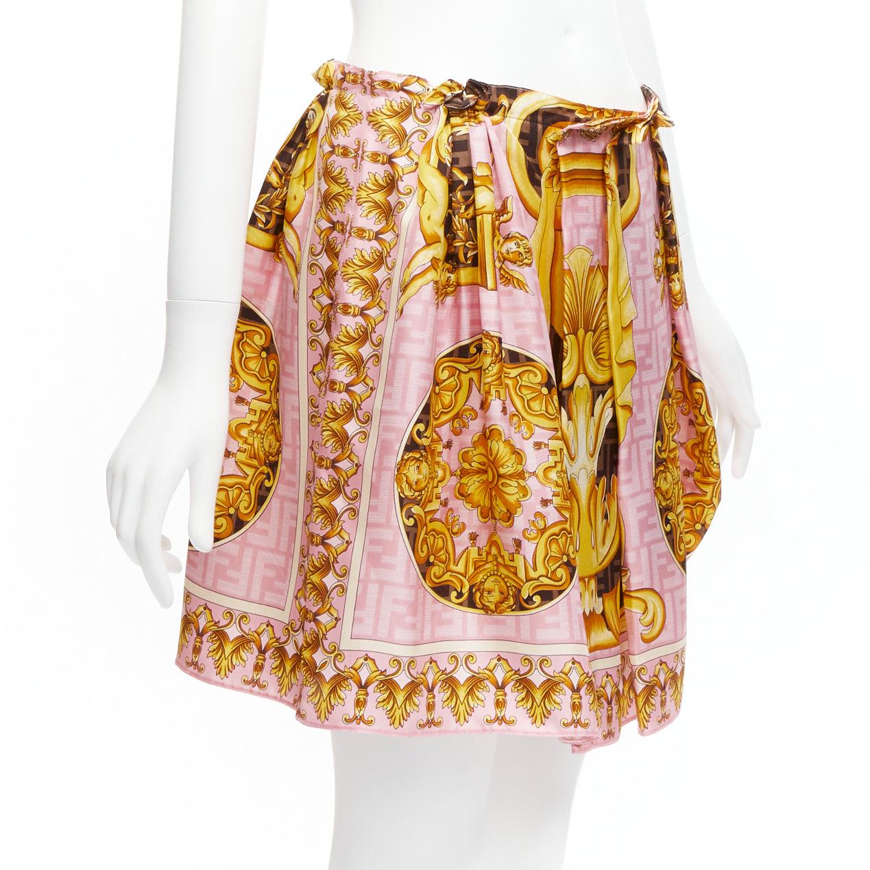 Beige FENDACE FENDI VERSACE 2022 Runway pink gold baroque Zucca side drape skirt IT42  For Sale