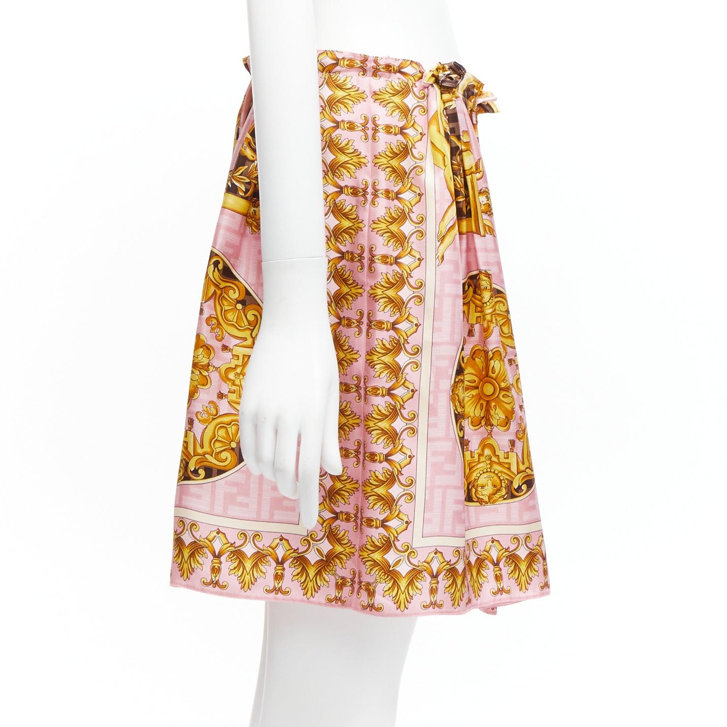 FENDACE FENDI VERSACE 2022 Runway pink gold baroque Zucca side drape skirt IT42  In Excellent Condition For Sale In Hong Kong, NT