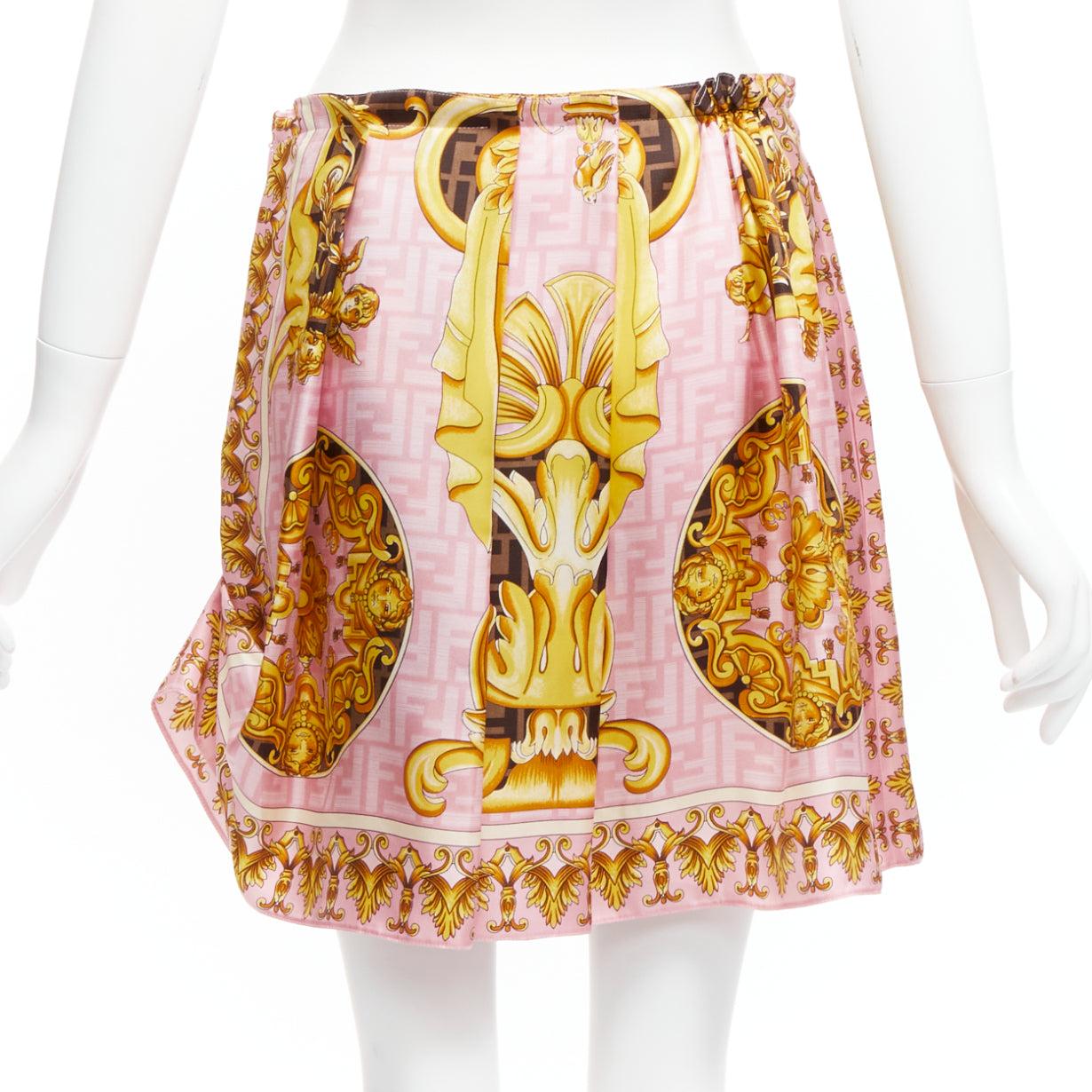 Women's FENDACE FENDI VERSACE 2022 Runway pink gold baroque Zucca side drape skirt IT42  For Sale