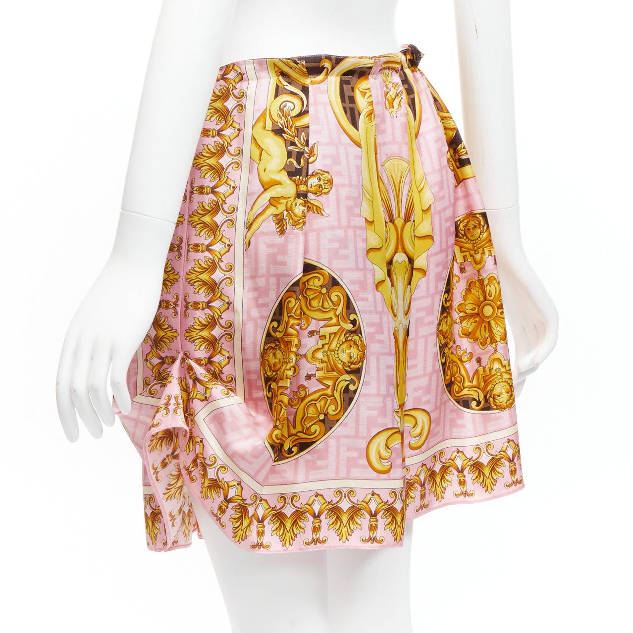 FENDACE FENDI VERSACE 2022 Runway pink gold baroque Zucca side drape skirt IT42  For Sale 1
