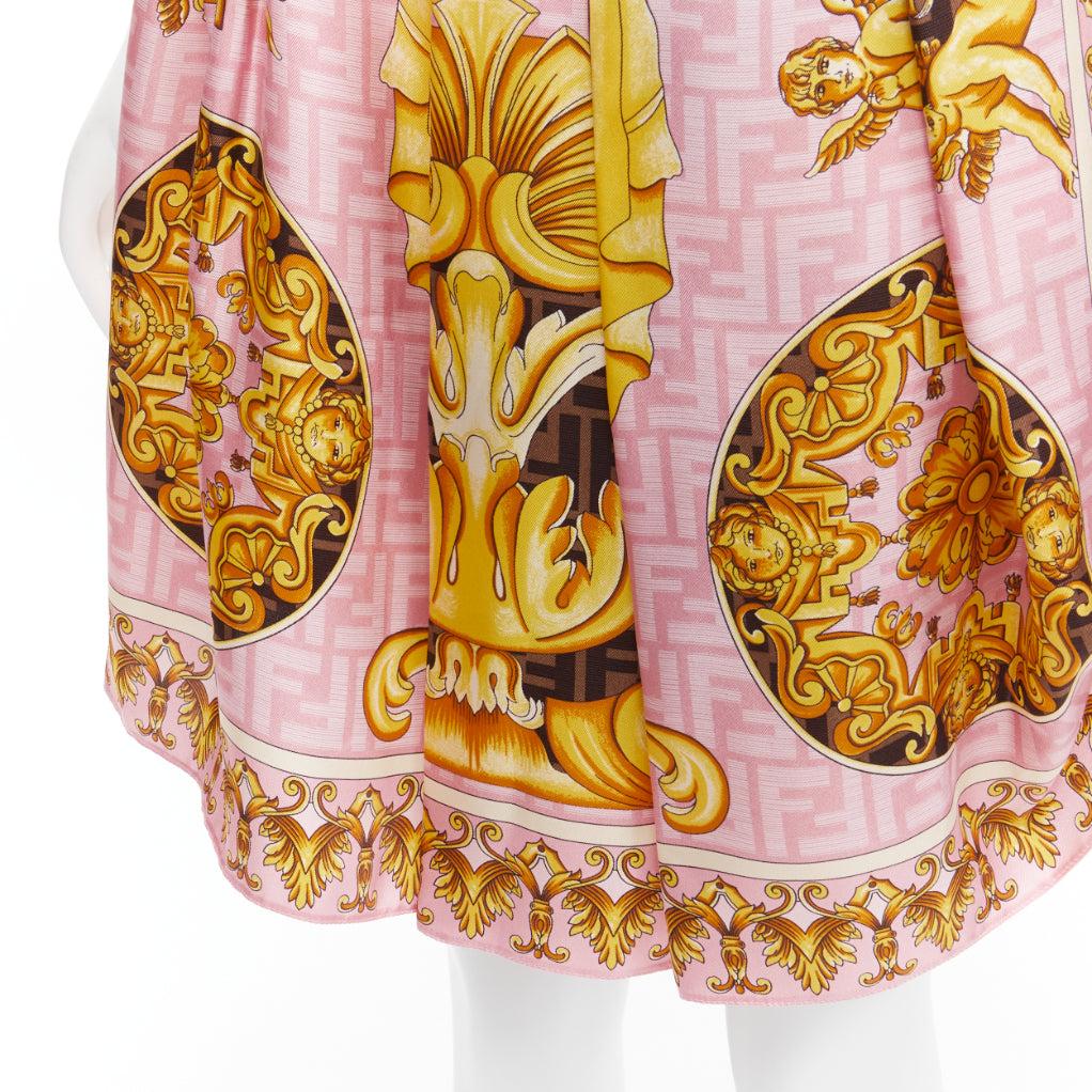 FENDACE FENDI VERSACE 2022 Runway pink gold baroque Zucca side drape skirt IT42  For Sale 2