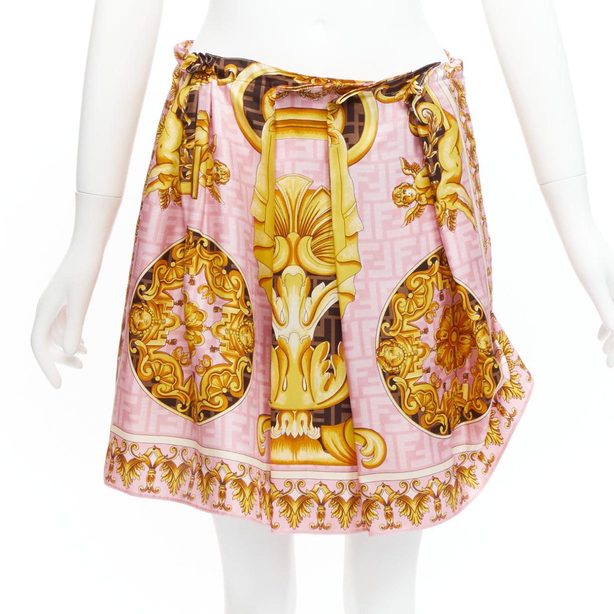 FENDACE FENDI VERSACE 2022 Runway pink gold baroque Zucca side drape skirt IT42  For Sale