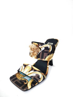 Fendace  Fendi X Versace Baroque Medusa Silk High Heel Mule Sandals 36