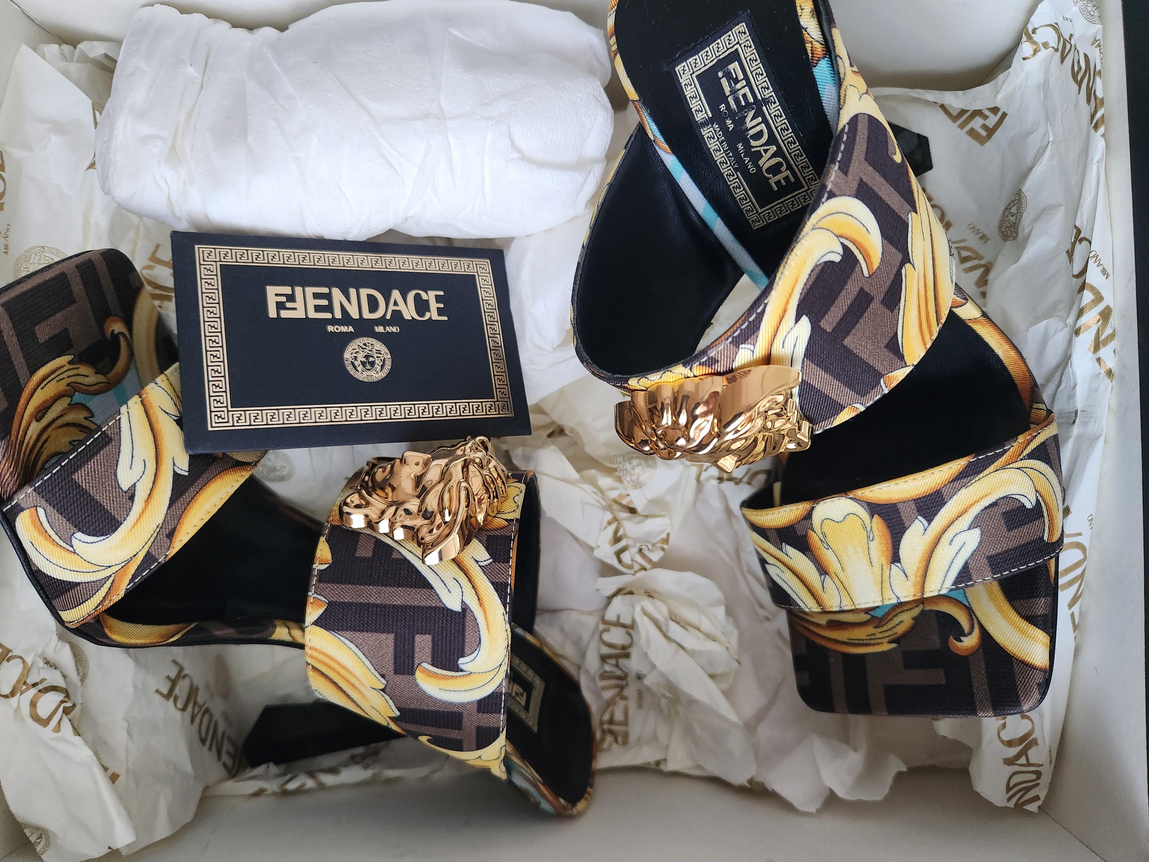 Black Fendace  Fendi X Versace Baroque Medusa Silk High Heel Mule Sandals 36 For Sale