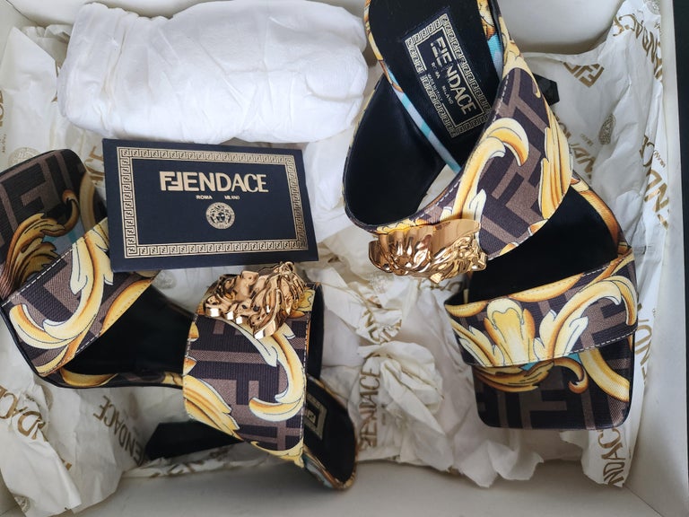Fendace Fendi X Versace Baroque Medusa Silk High Heel Mule Sandals 