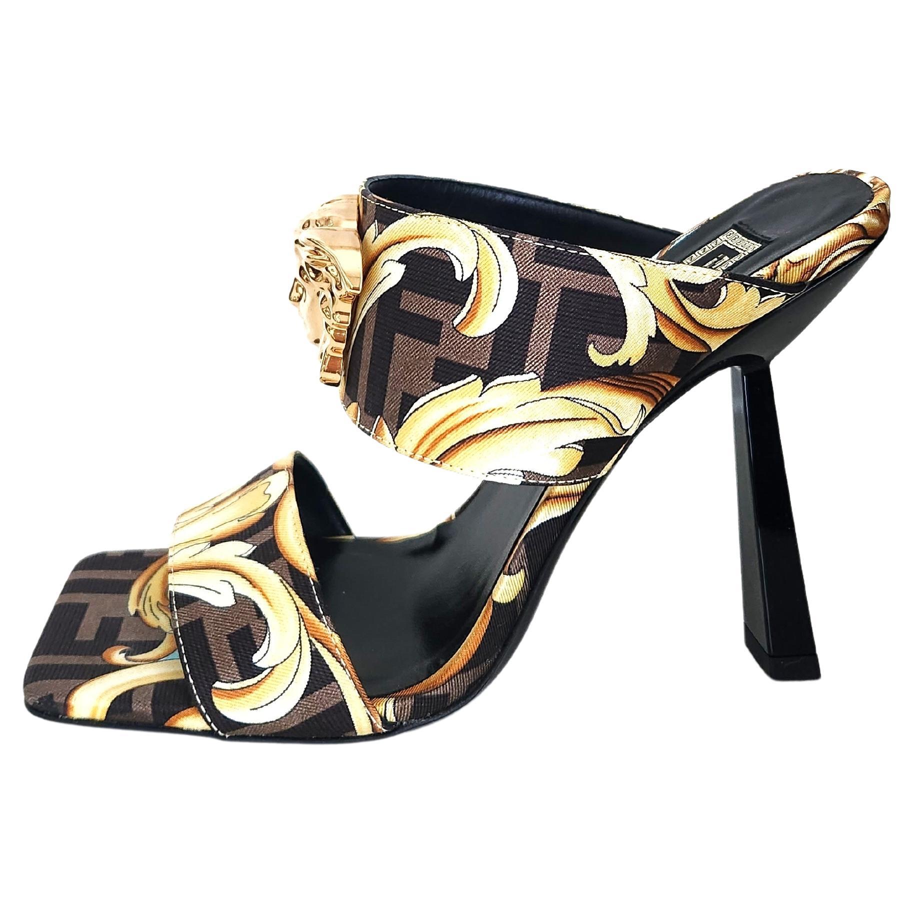 Fendace  Fendi X Versace Baroque Medusa Silk High Heel Mule Sandals 36 For Sale