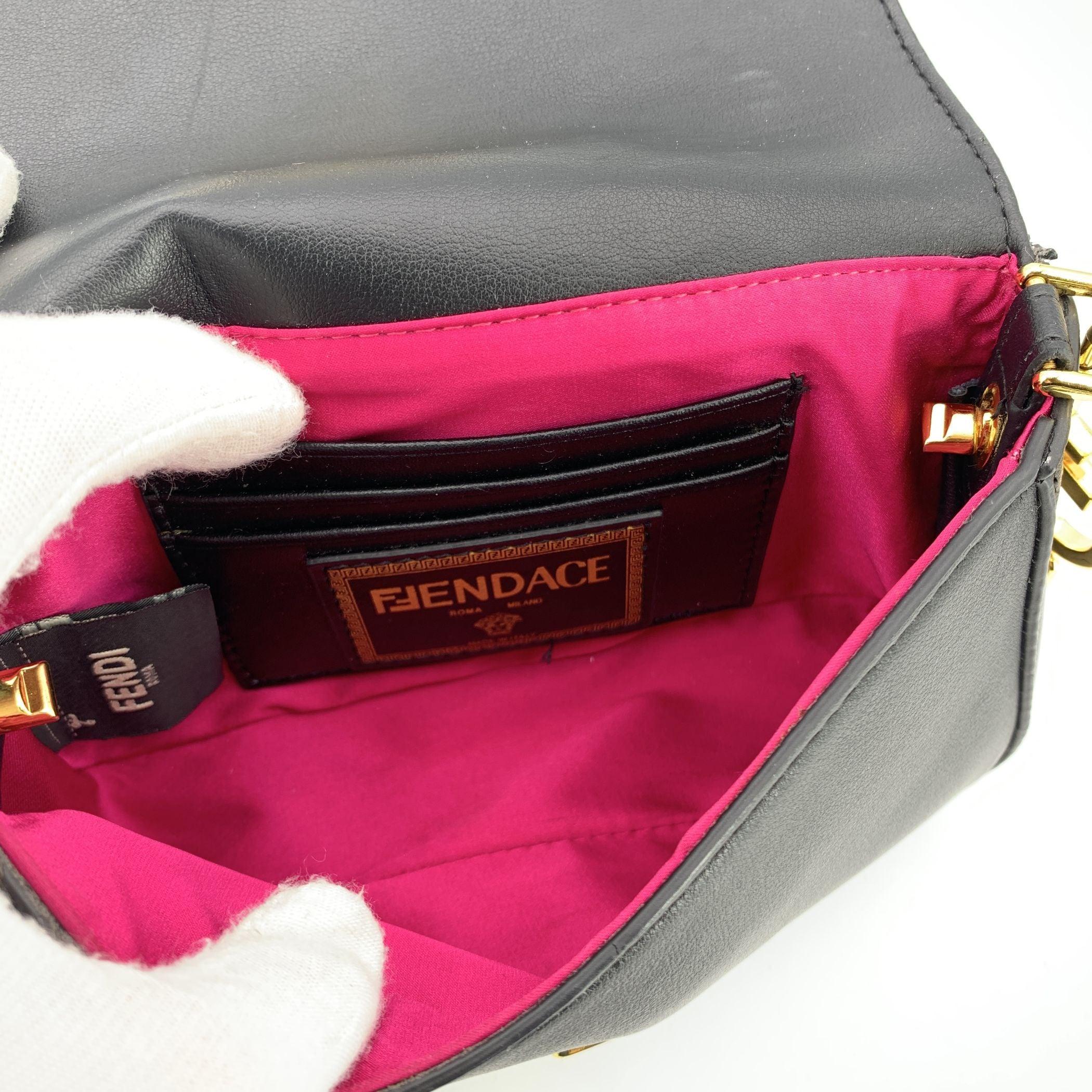 Fendace Fendi x Versace Black Leather Mini Brooch Baguette Bag For Sale 2