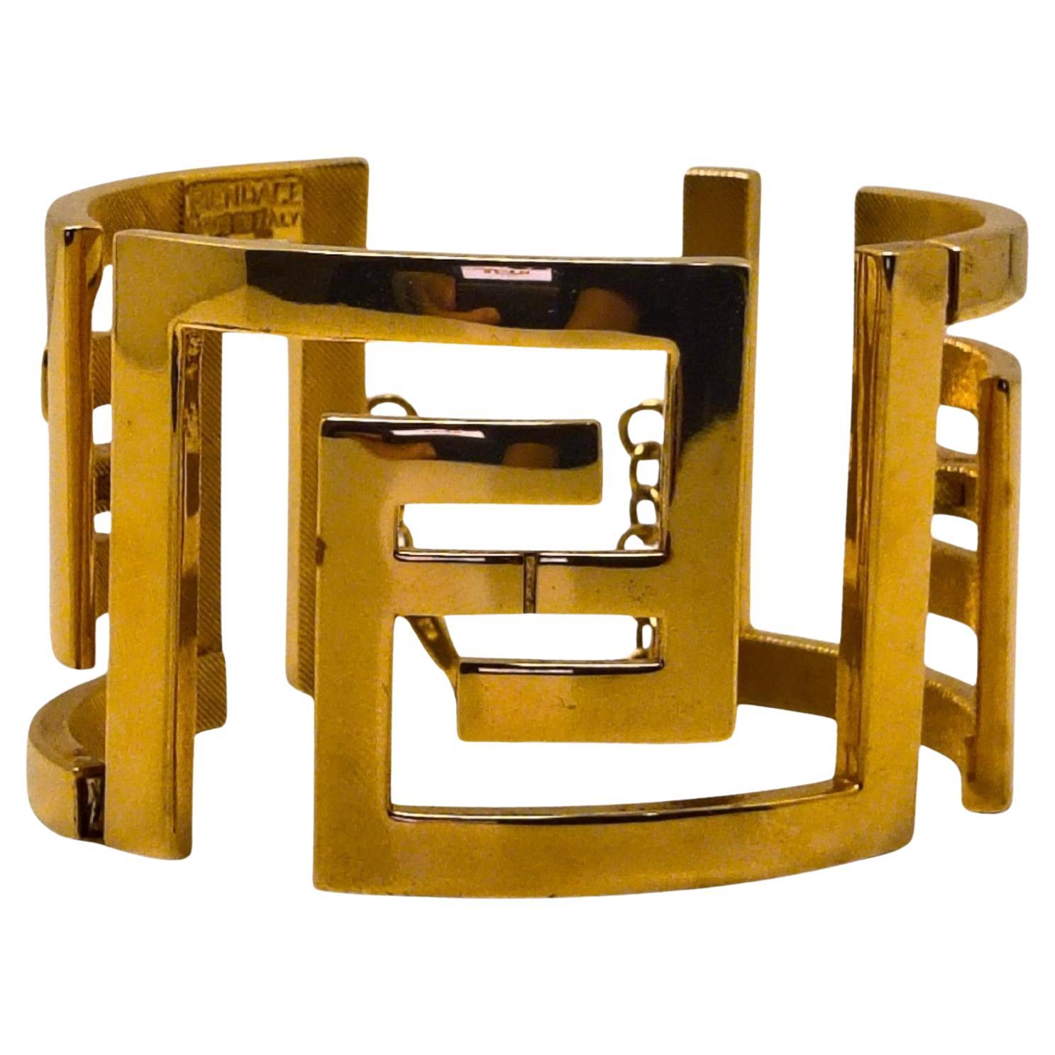 Fendace Versace X Fendi Gold Toned Wide Zucca Bangle Bracelet SOLD OUT RARE For Sale