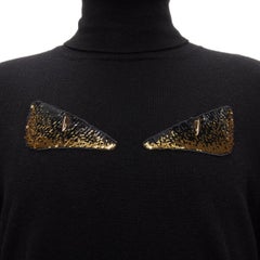FENDI 100% cashmere black beaded stud Monster eyes turtleneck sweater IT50 L