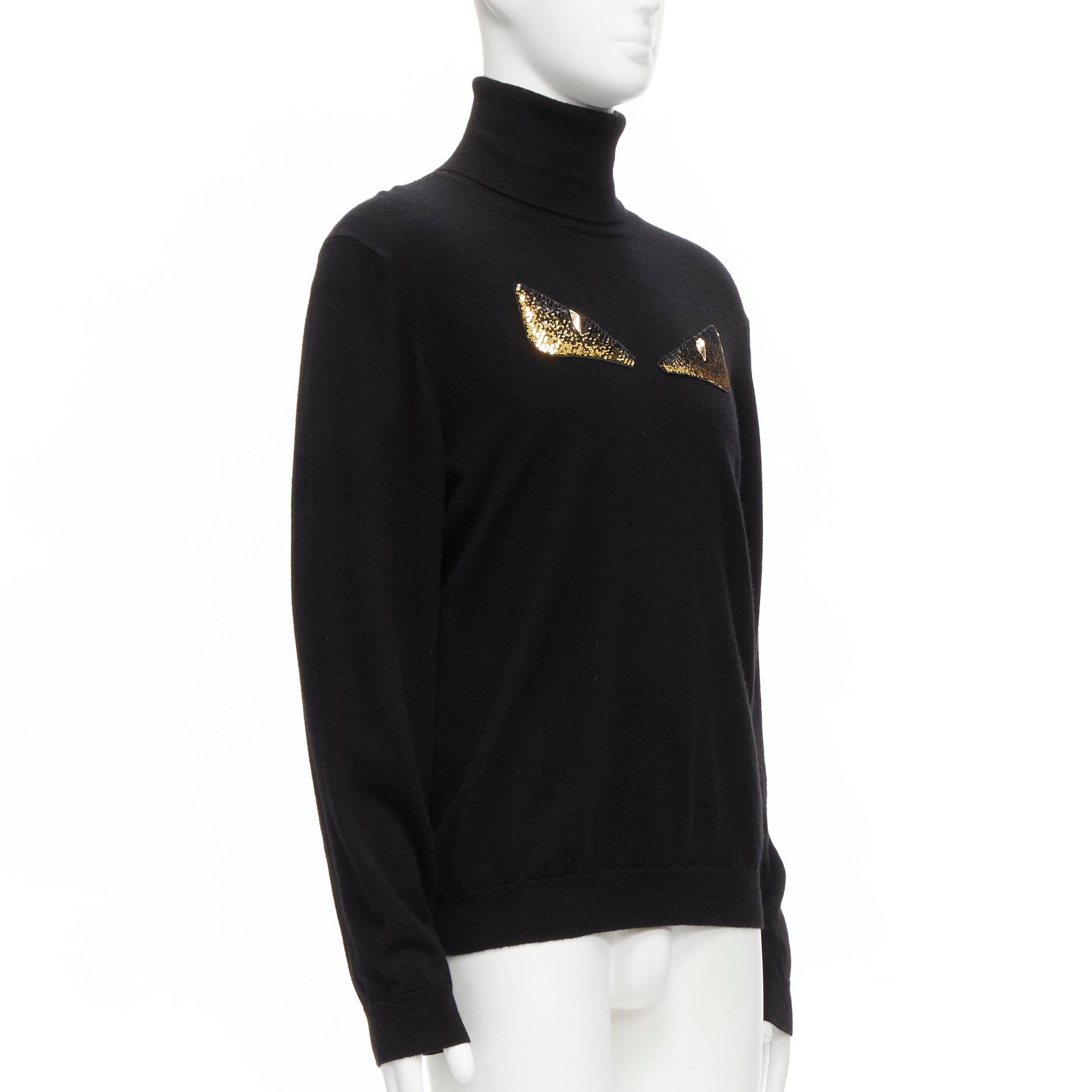 Black FENDI 100% cashmere black beaded stud Monster eyes turtleneck sweater  IT50 L For Sale