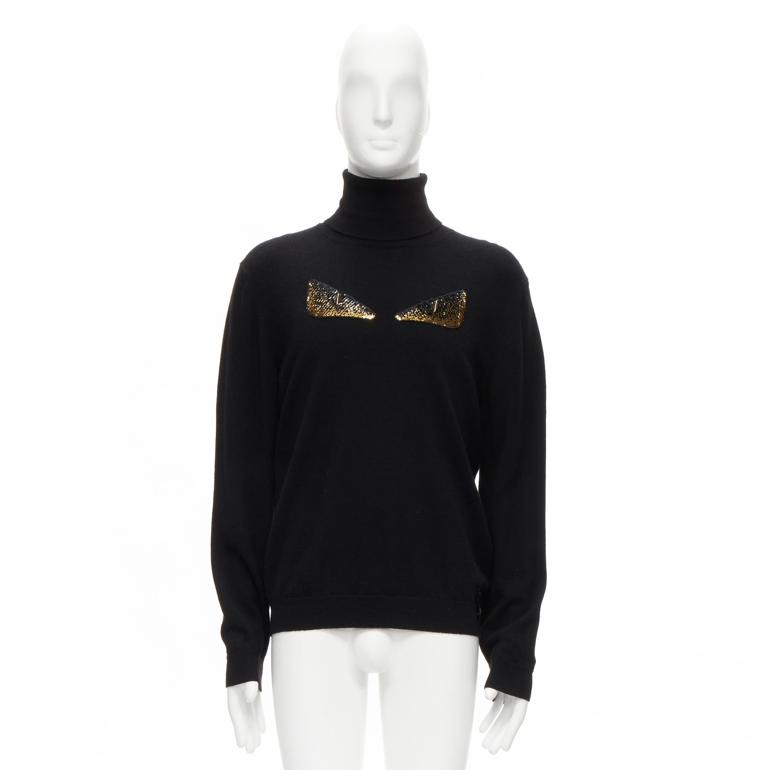 FENDI 100% cashmere black beaded stud Monster eyes turtleneck sweater  IT50 L For Sale 4