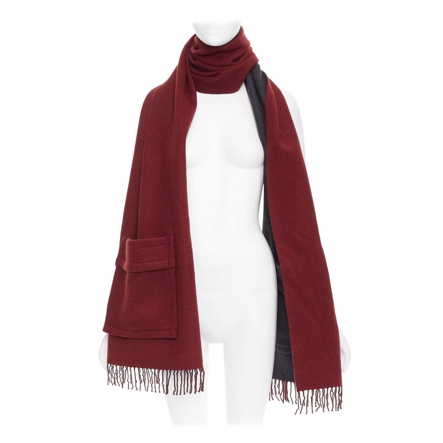 FENDI  100% cachemire bordeaux gris bicolore poche frangée écharpe longue en vente