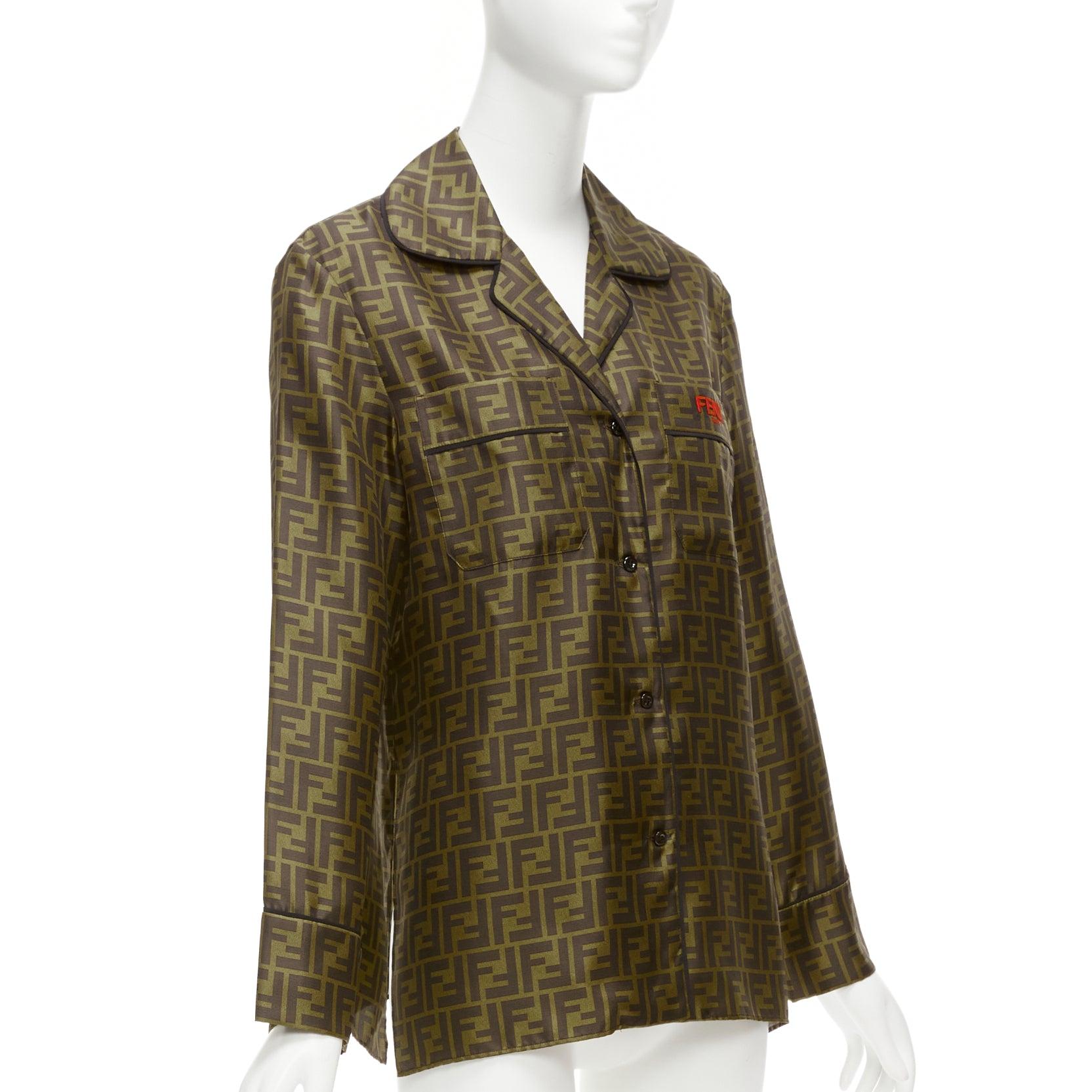FENDI  100% silk twill FF Zucca monogram red embroidery pajama shirt IT38 XS In Excellent Condition In Hong Kong, NT