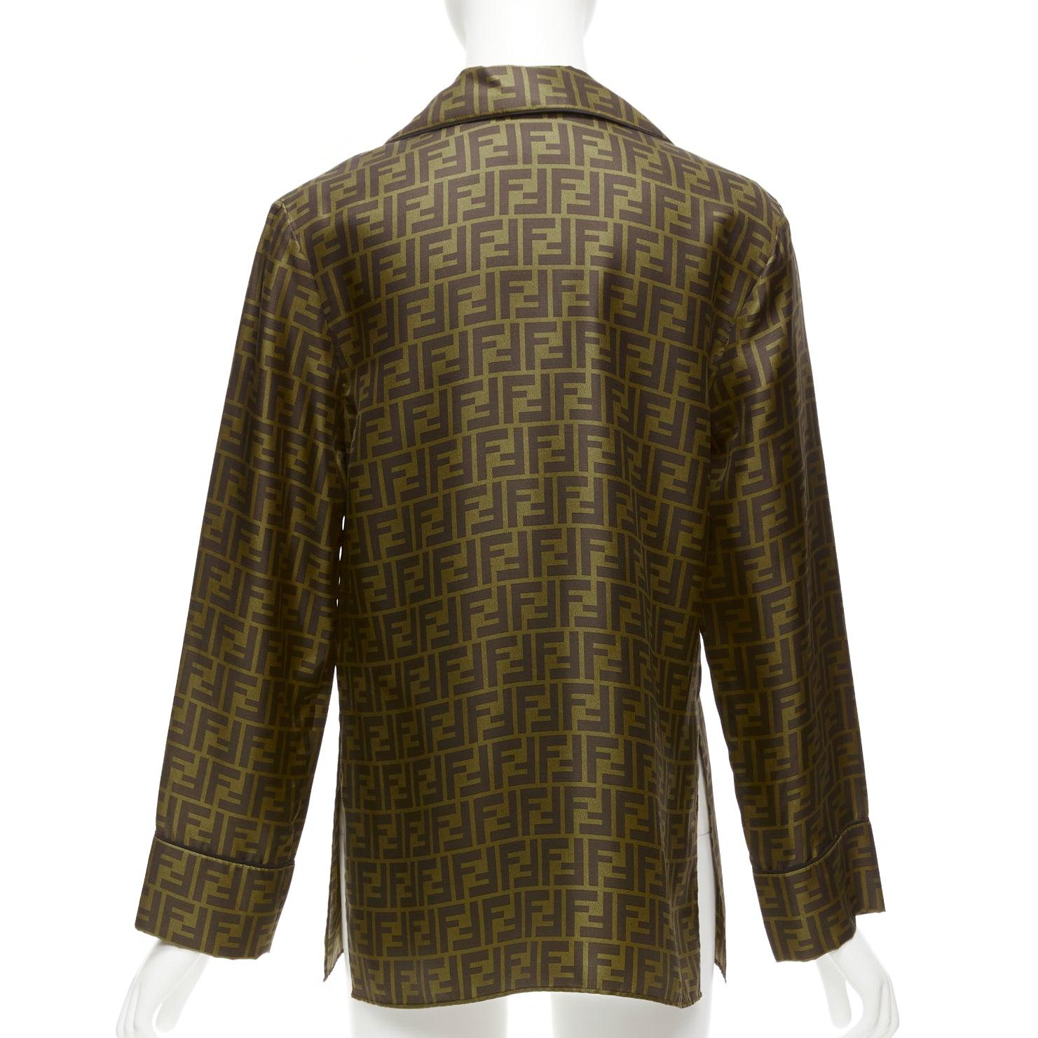 FENDI  100% silk twill FF Zucca monogram red embroidery pajama shirt IT38 XS 1