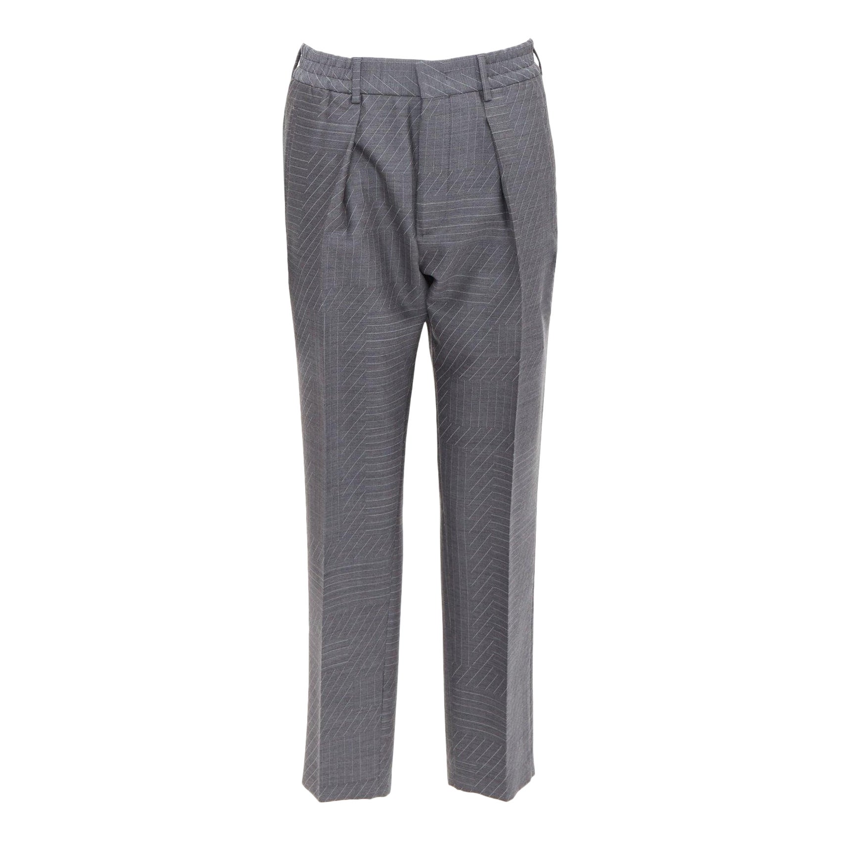 FENDI 100% laine grise rayures contrastées pantalon cropped à plis sur le devant IT44 XS en vente