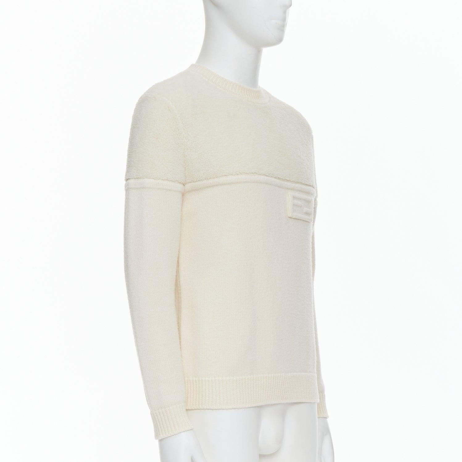 Beige FENDI 100% wool fleece cream panelled logo applique sweater IT46 S For Sale