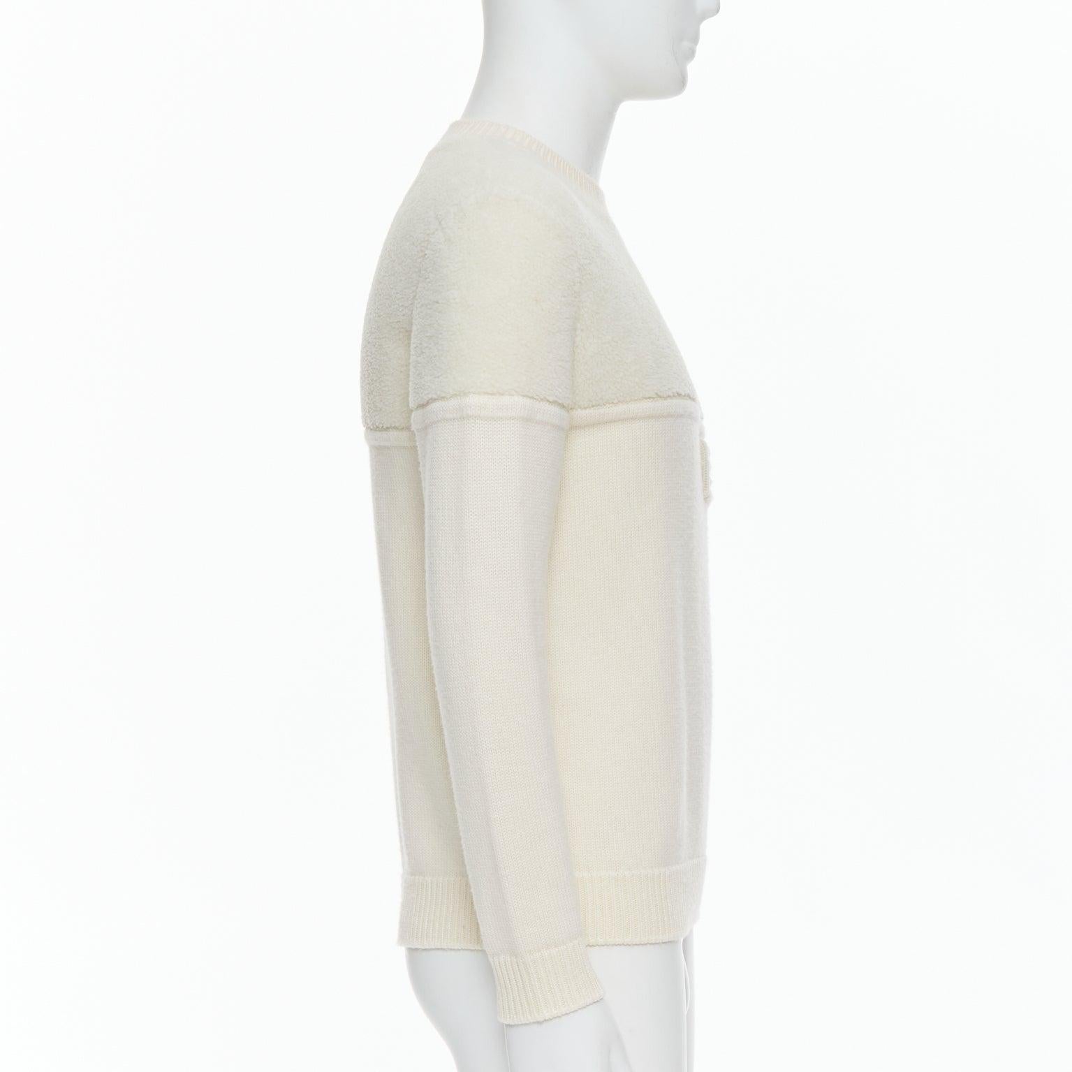 FENDI 100% wool fleece cream panelled logo applique sweater IT46 S In Good Condition For Sale In Hong Kong, NT
