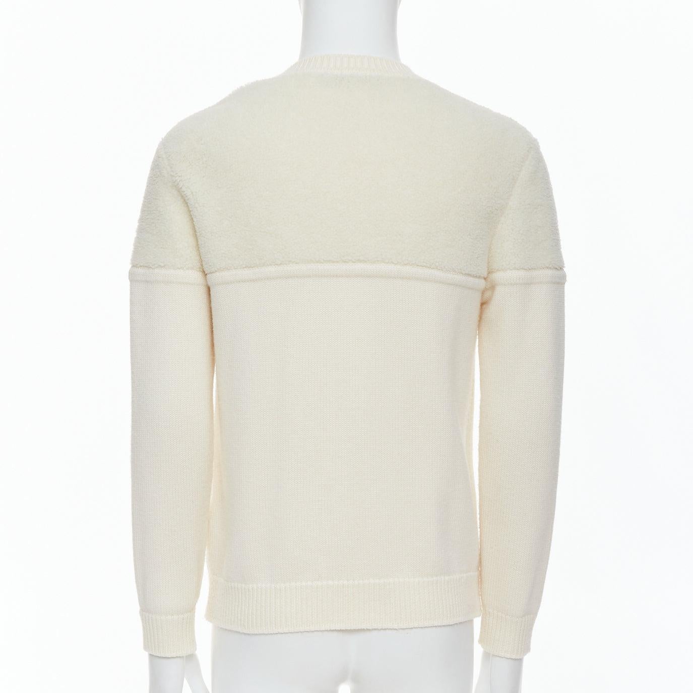 Men's FENDI 100% wool fleece cream panelled logo applique sweater IT46 S For Sale