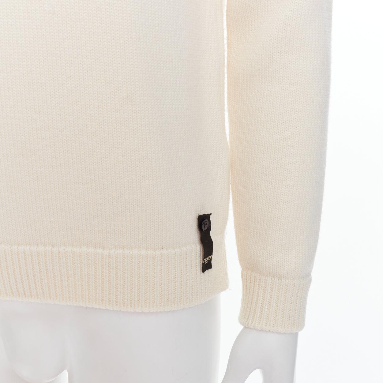 FENDI 100% wool fleece cream panelled logo applique sweater IT46 S For Sale 2
