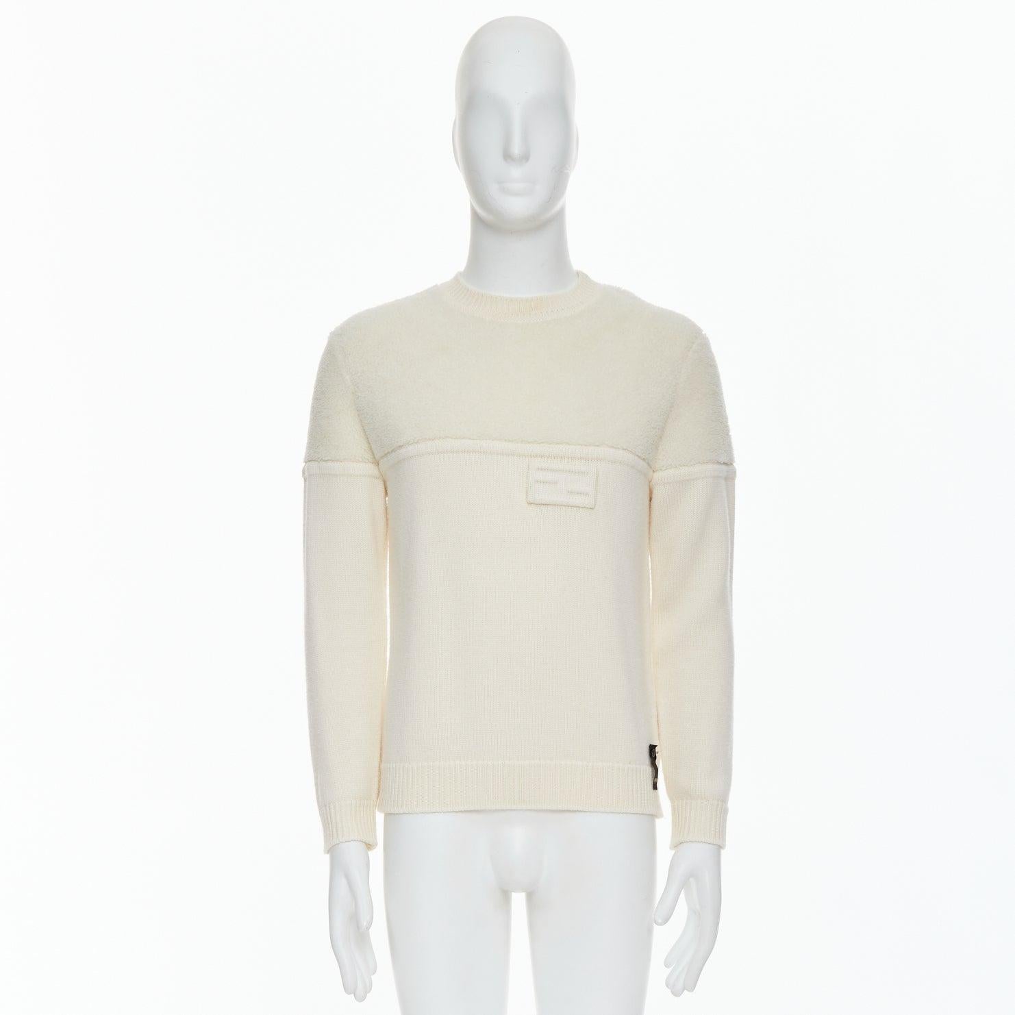 FENDI 100% wool fleece cream panelled logo applique sweater IT46 S For Sale 4