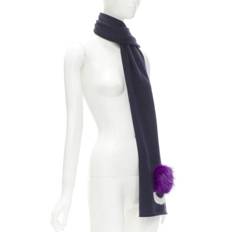 Gray FENDI 100% wool navy blue Signature Monster Eyes purple fur trimmed scarf For Sale