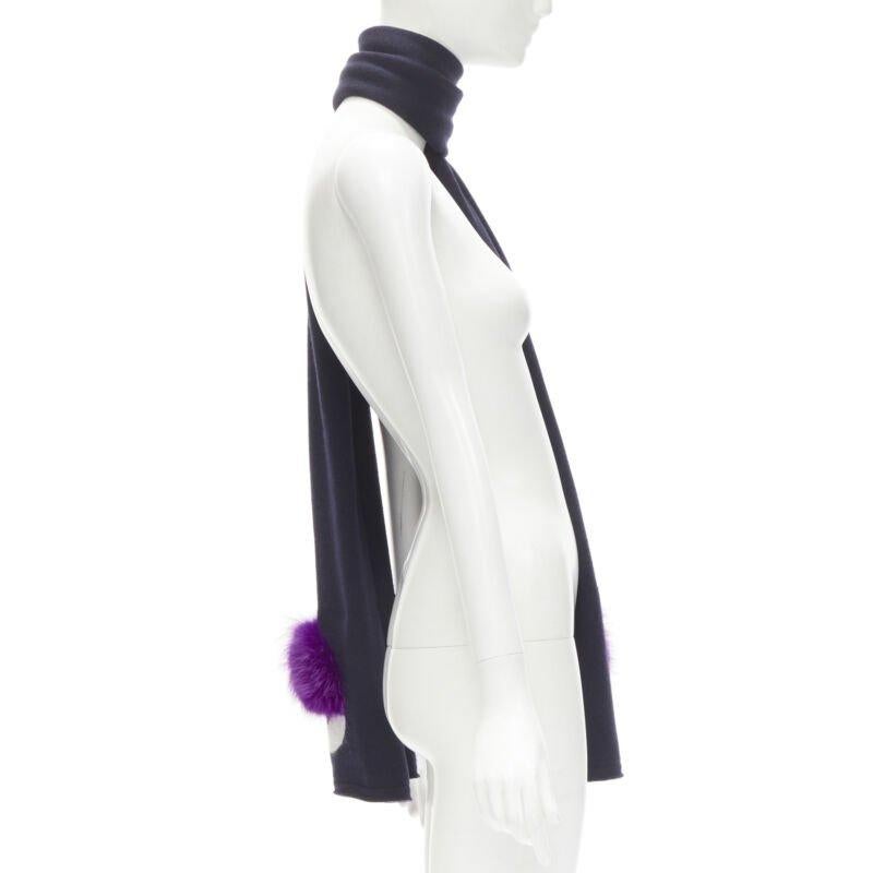 FENDI 100% wool navy blue Signature Monster Eyes purple fur trimmed scarf In Excellent Condition For Sale In Hong Kong, NT