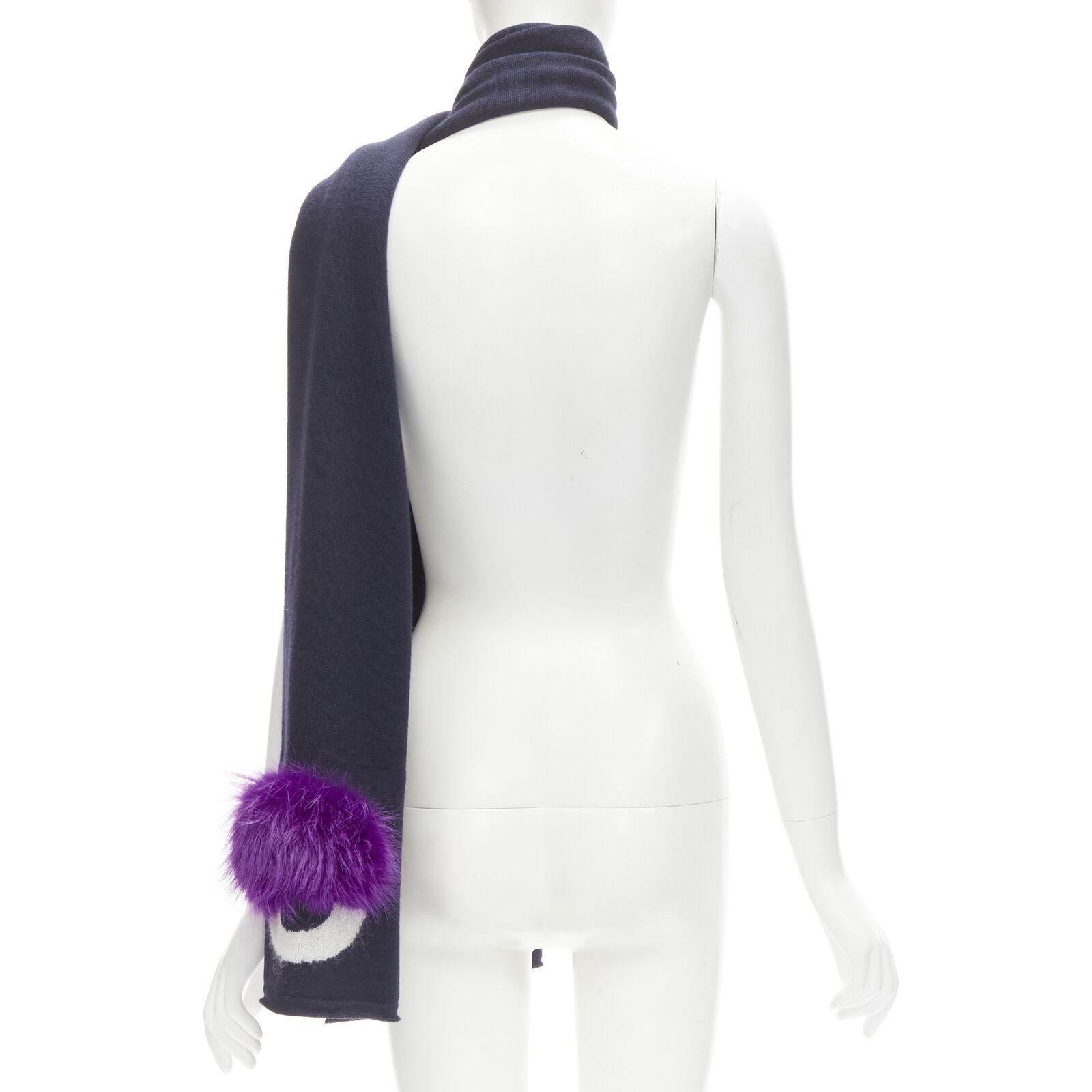 Women's FENDI 100% wool navy blue Signature Monster Eyes purple fur trimmed scarf For Sale
