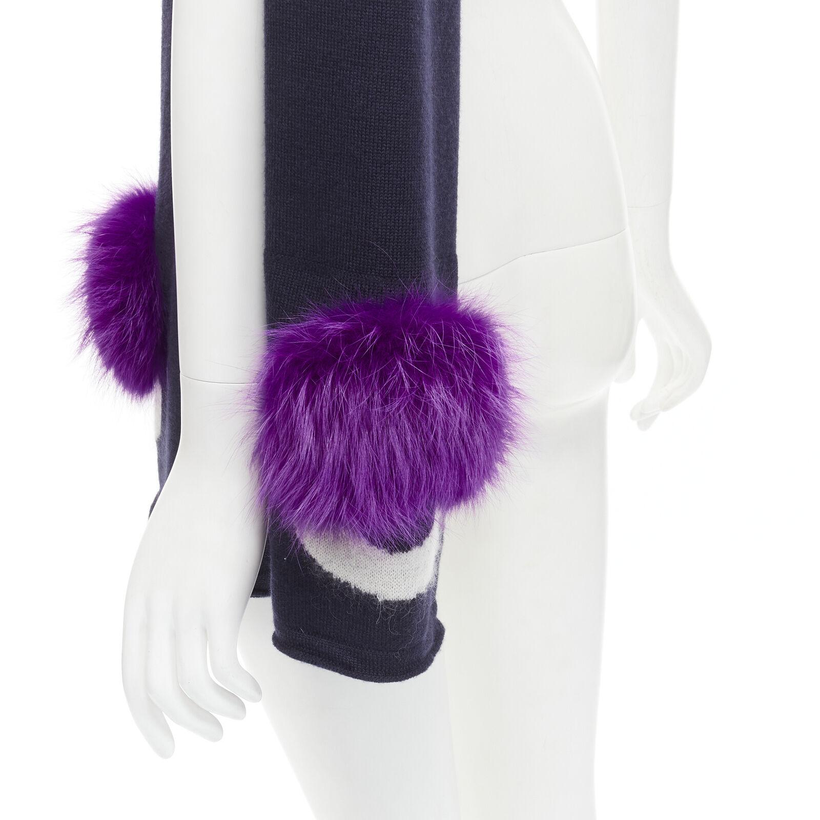 FENDI 100% wool navy blue Signature Monster Eyes purple fur trimmed scarf For Sale 2