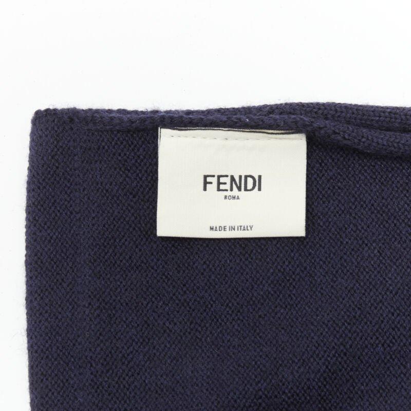 FENDI 100% wool navy blue Signature Monster Eyes purple fur trimmed scarf For Sale 4