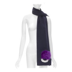 FENDI 100% wool navy blue Signature Monster Eyes purple fur trimmed scarf