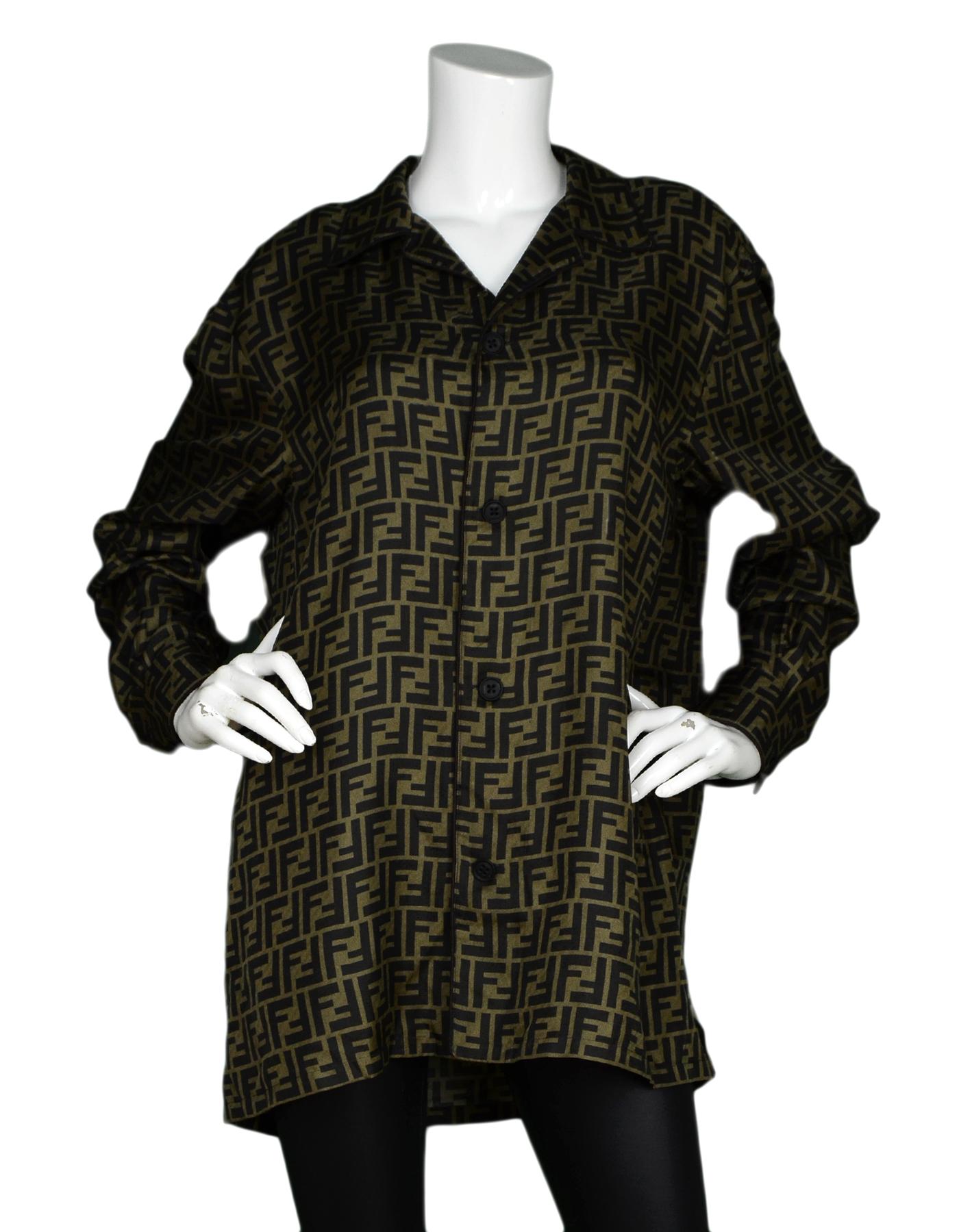 Fendi 2018 Men's Unisex Brown FF Monogram Logo Pajama-Style Silk Twill Shirt Sz 42

Made In: Italy
Year of Production: 2018 
Color: Brown, tan
Materials: 100% silk
Opening/Closure: Button front
Overall Condition: Excellent pre-owned condition with