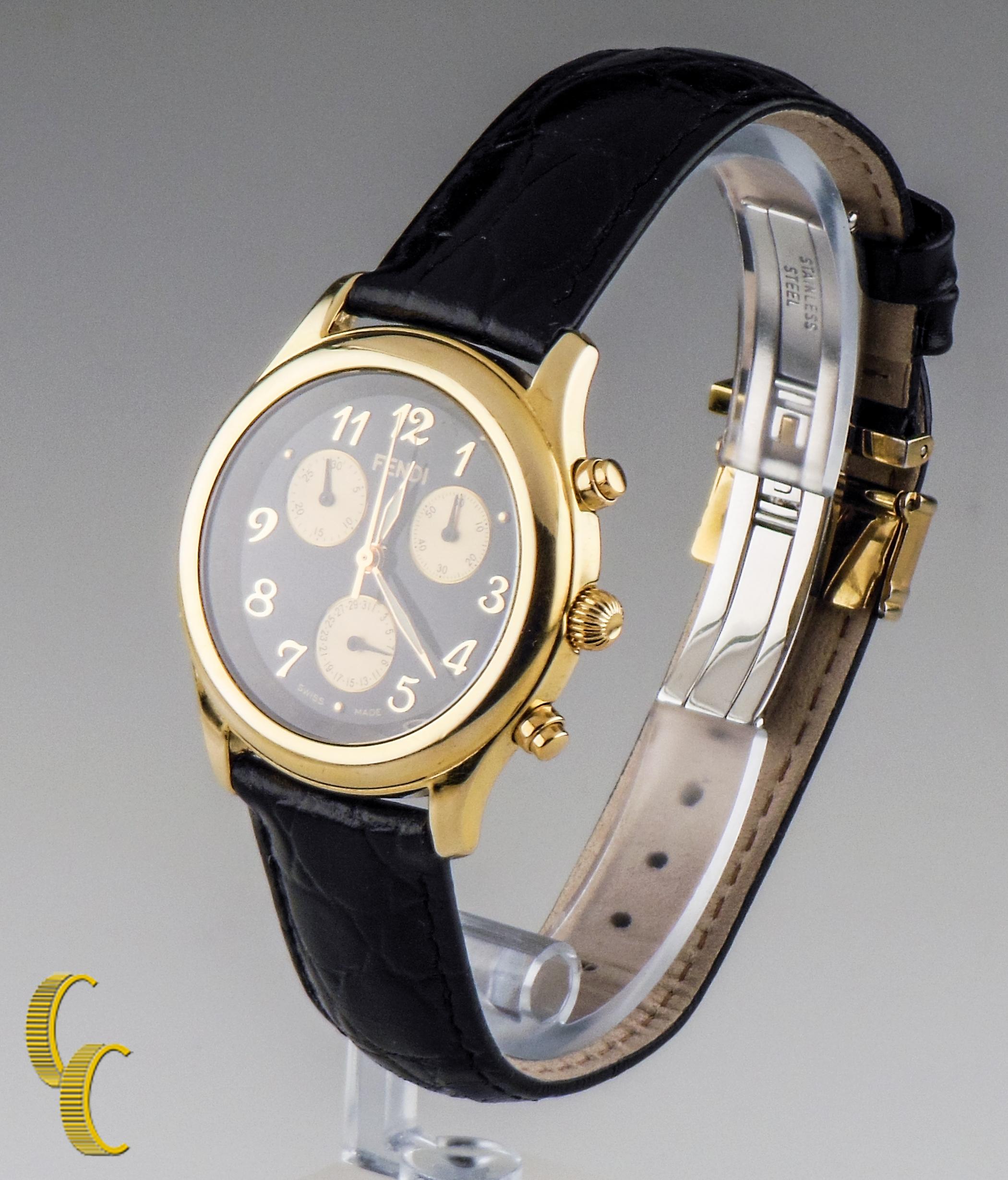Fendi 18 Karat Gelbgold Chronographuhr mit Lederband (Moderne) im Angebot