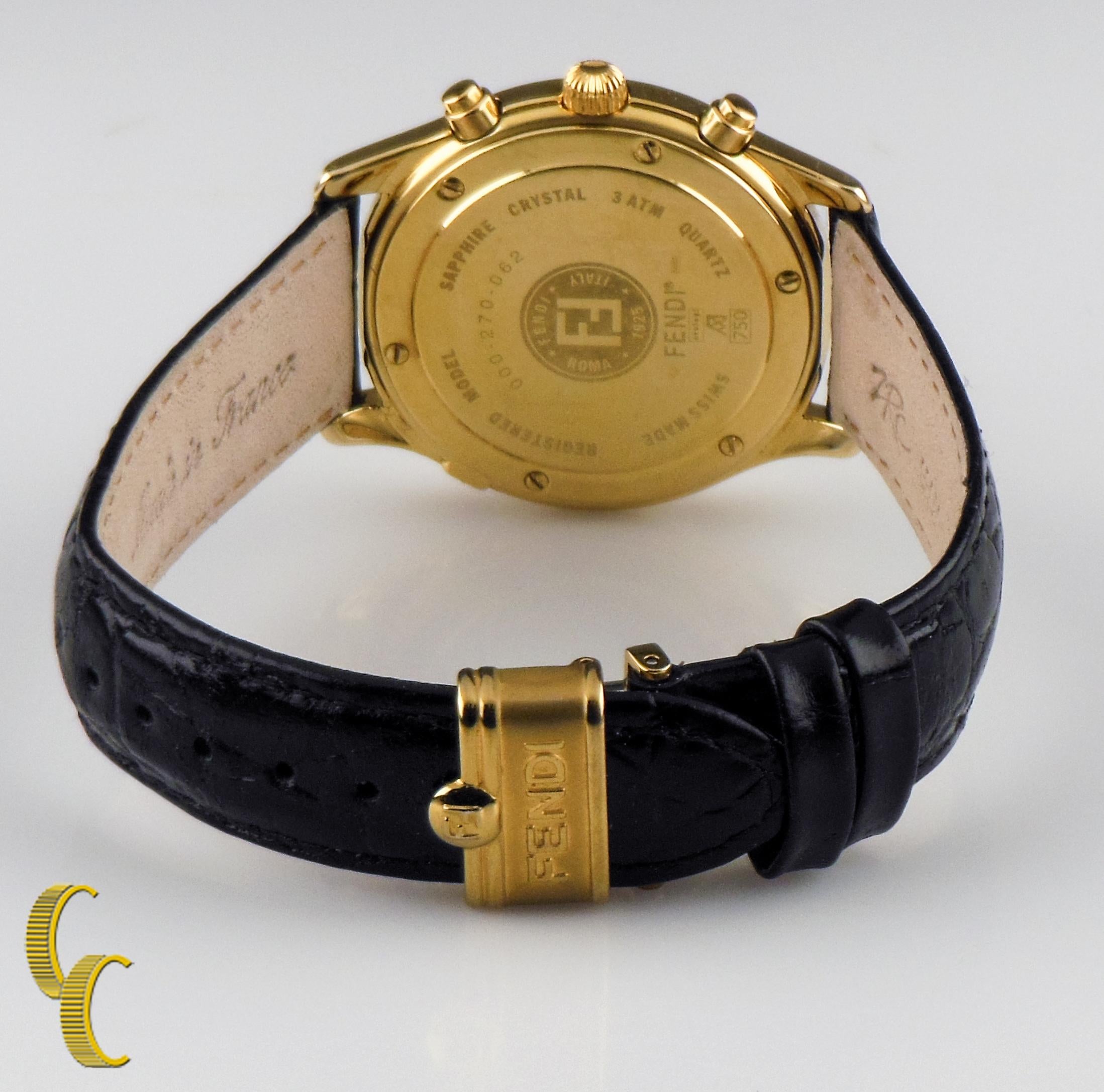 Modern Fendi 18k Yellow Gold Chronograph Watch with Leather Band For Sale