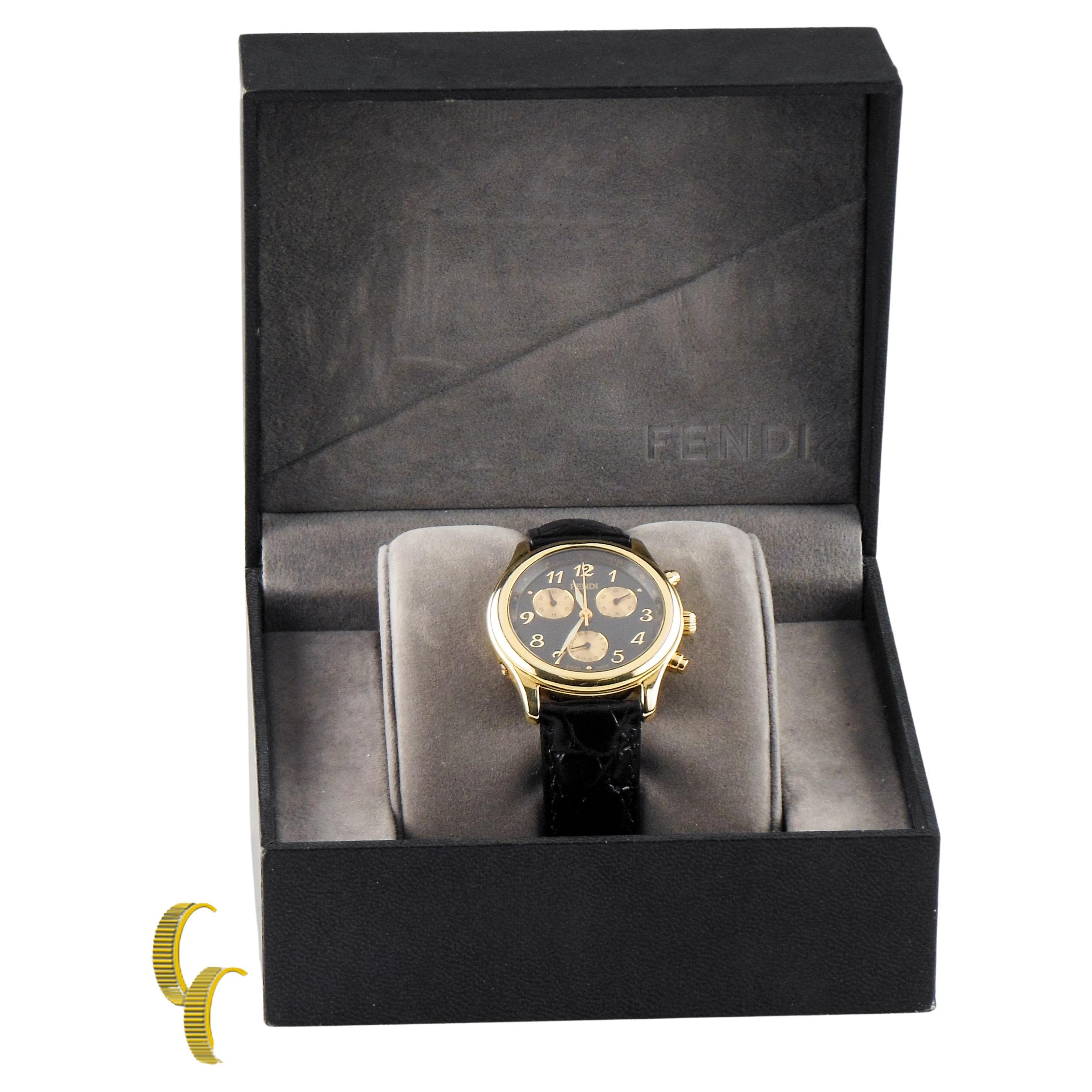 Fendi 18k Yellow Gold Chronograph Watch with Leather Band For Sale