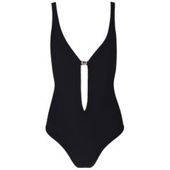 Fendi 1970s Style Plunging Black Swimsuit Bodysuit, 1990s