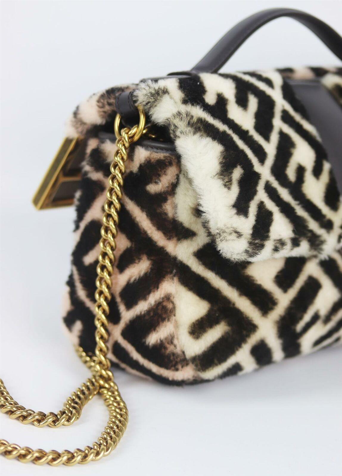 Black Fendi 1974 Double F Logo Print Shearling Shoulder Bag For Sale