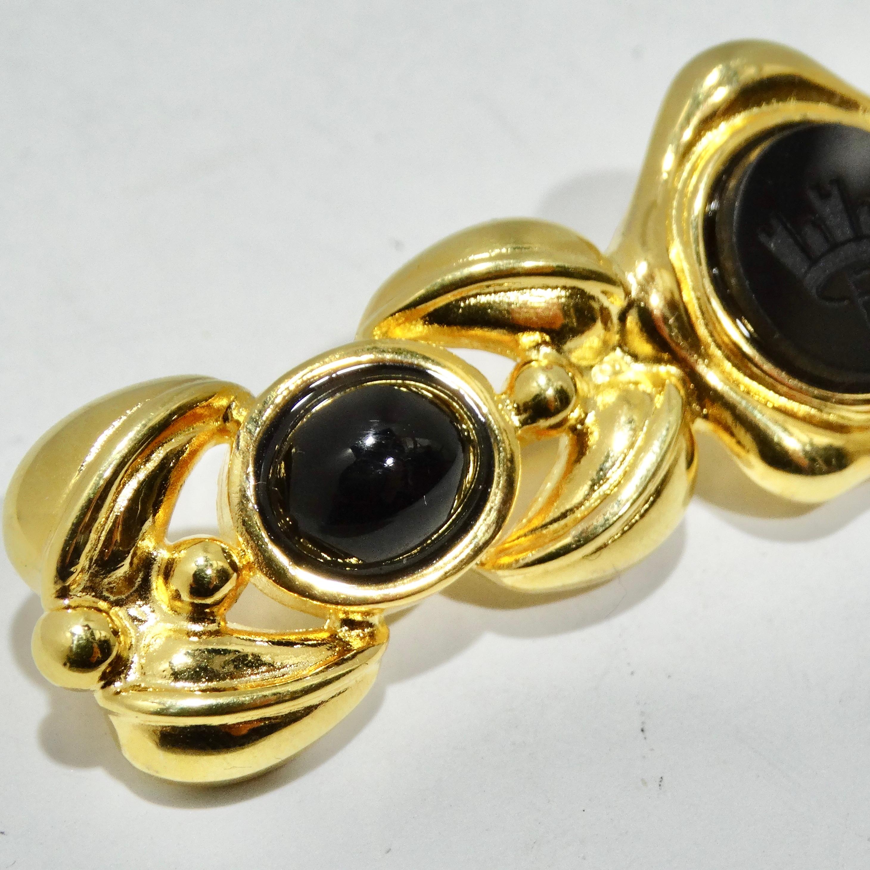 Fendi 1980s Black FF Glass Gold Tone Brooch In Excellent Condition For Sale In Scottsdale, AZ