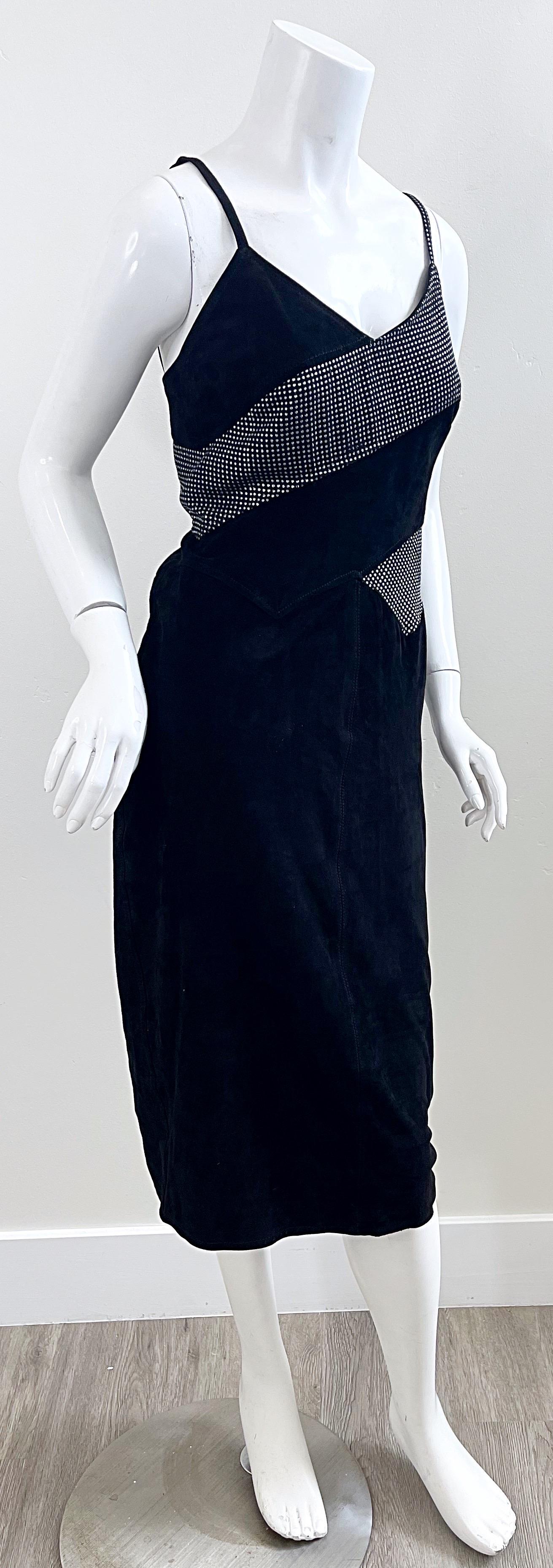 Fendi 1980s Fendissime Black Silver Suede Leather Vintage 80s Hand Painted Dress For Sale 6