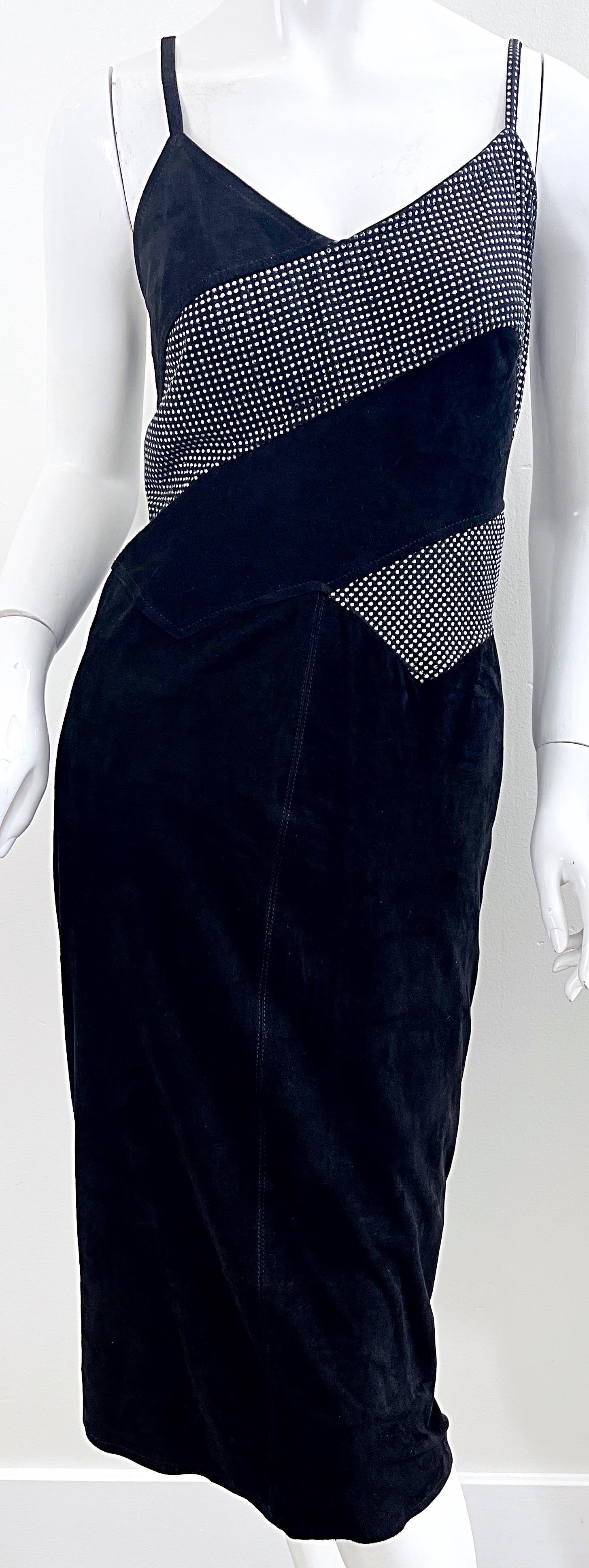Fendi 1980s Fendissime Black Silver Suede Leather Vintage 80s Hand Painted Dress en vente 6
