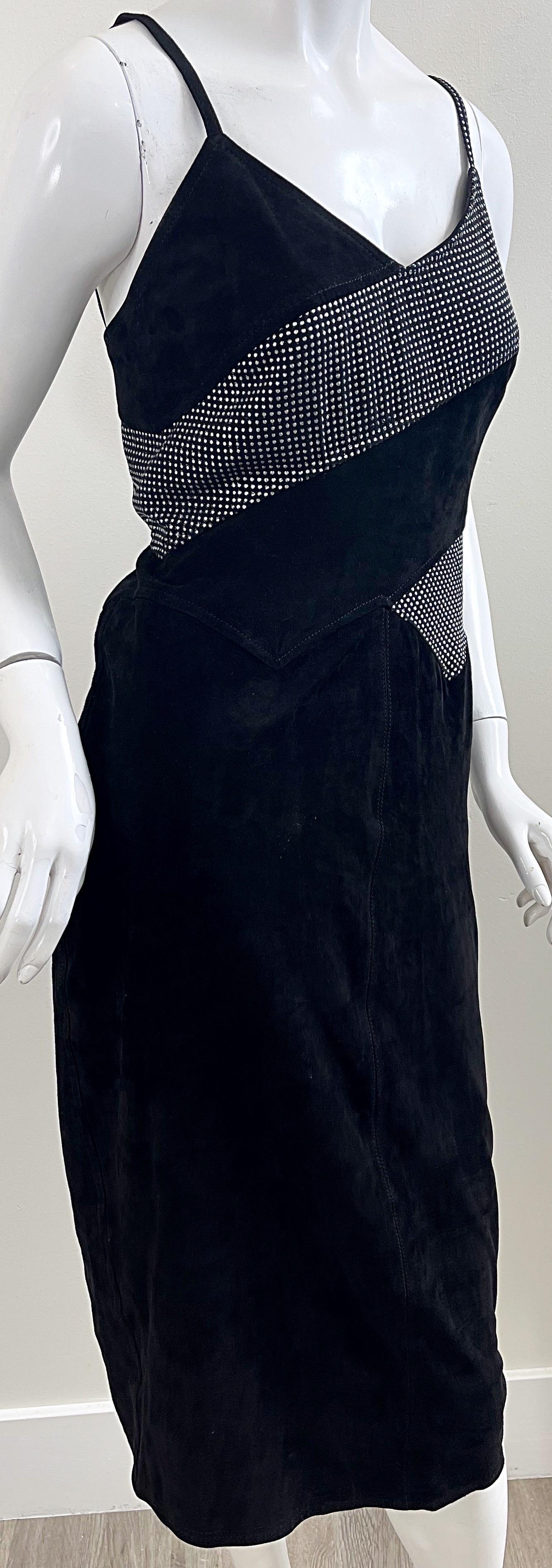 Fendi 1980s Fendissime Black Silver Suede Leather Vintage 80s Hand Painted Dress For Sale 10