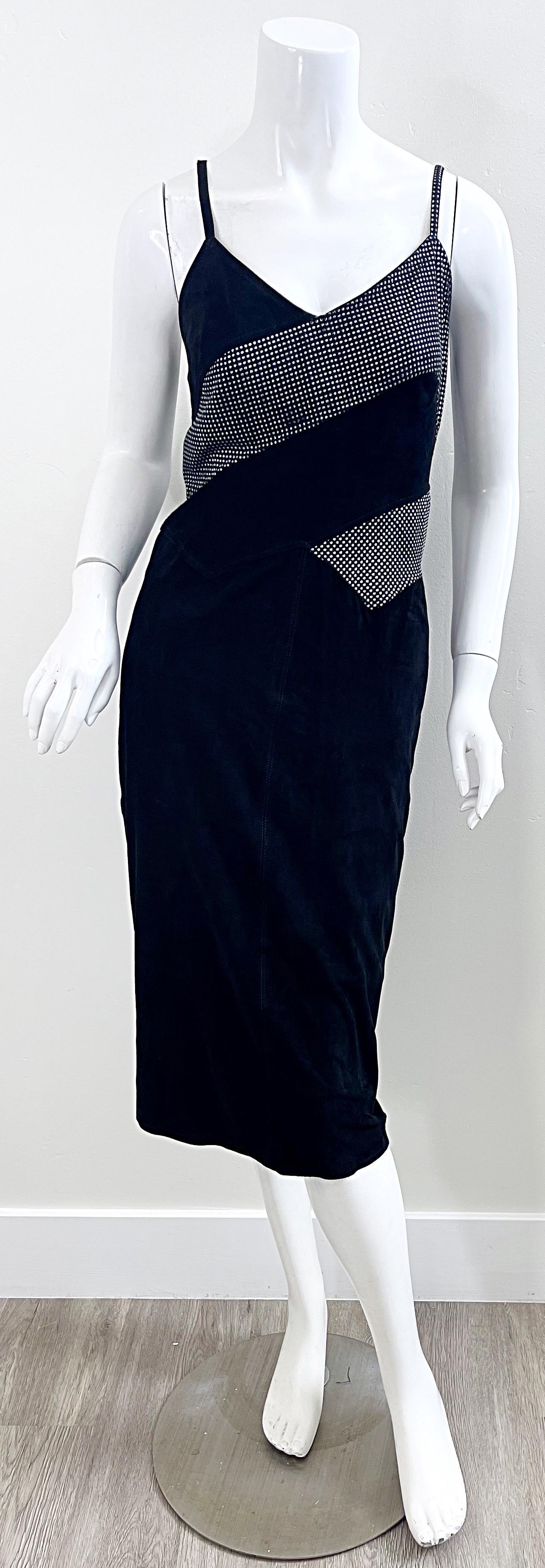 Fendi 1980s Fendissime Black Silver Suede Leather Vintage 80s Hand Painted Dress For Sale 11