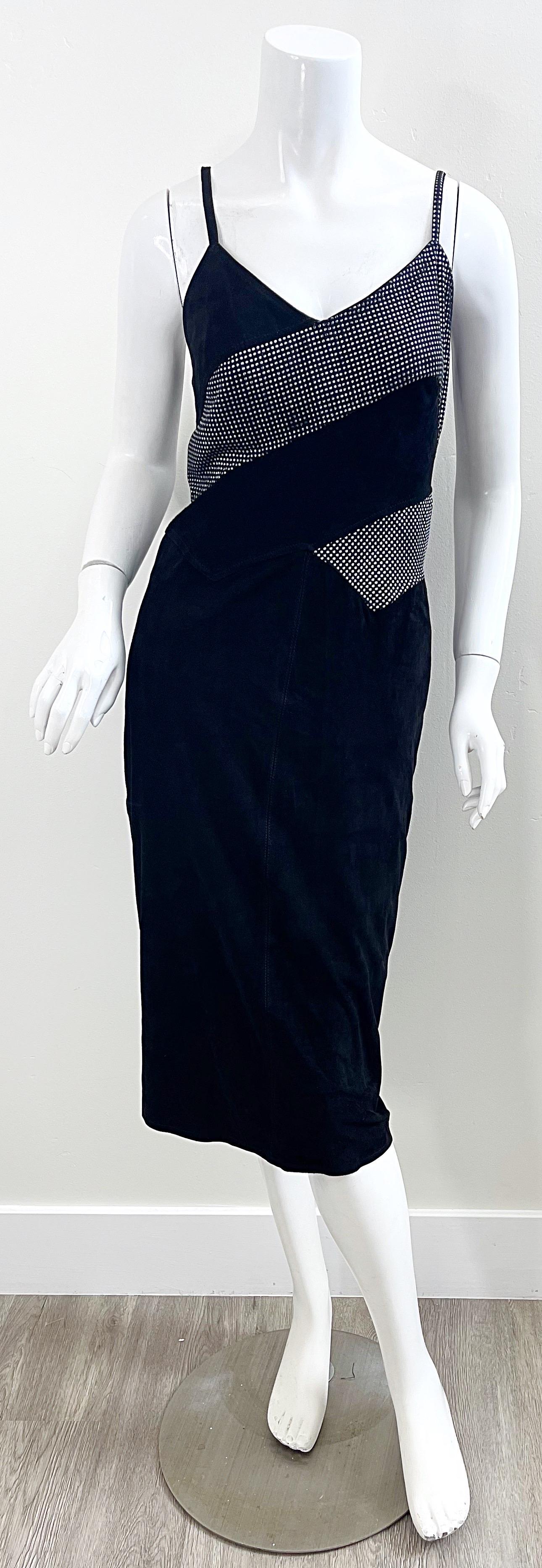 Fendi 1980s Fendissime Black Silver Suede Leather Vintage 80s Hand Painted Dress In Excellent Condition For Sale In San Diego, CA