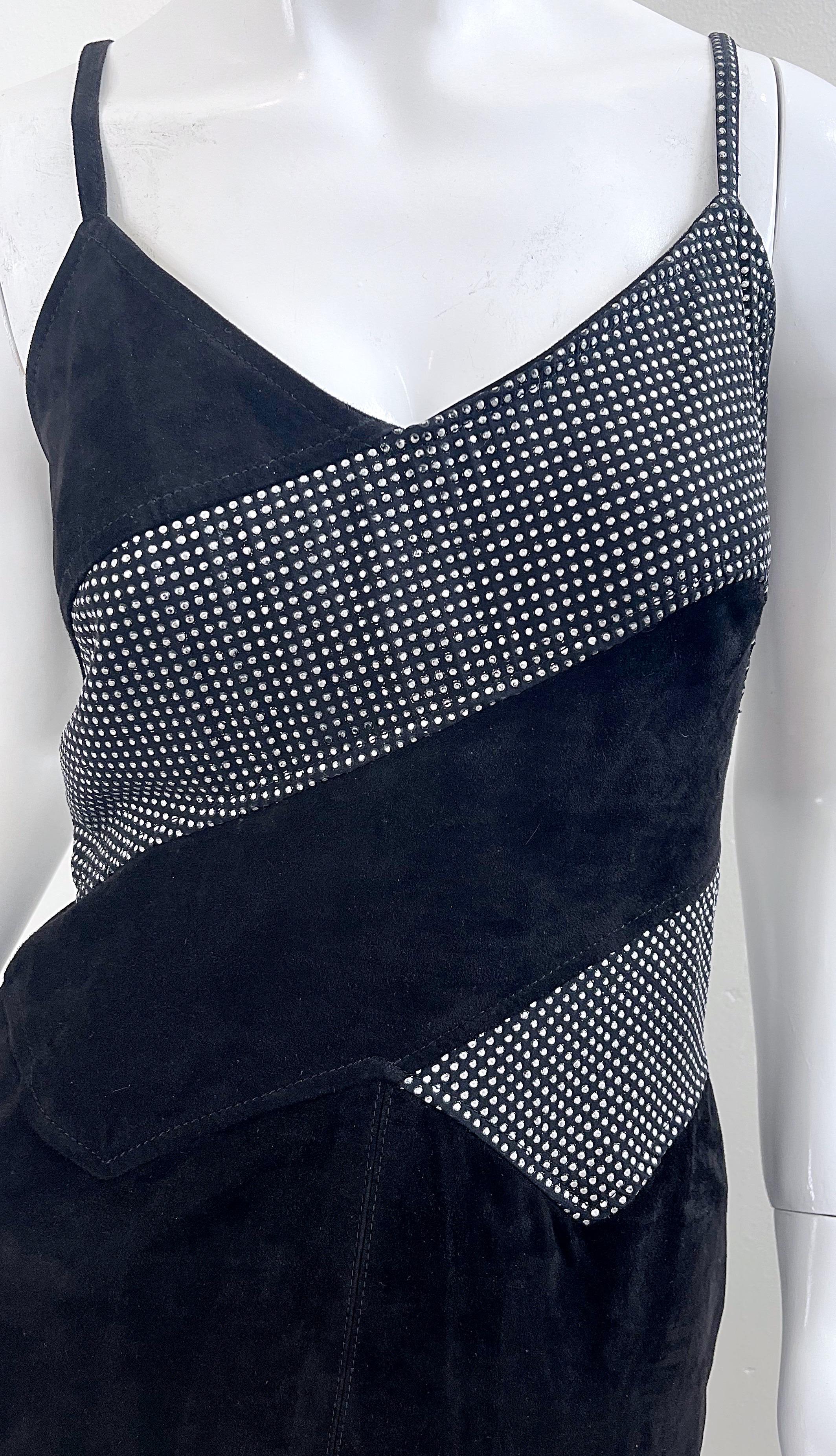 Fendi 1980s Fendissime Black Silver Suede Leather Vintage 80s Hand Painted Dress For Sale 1
