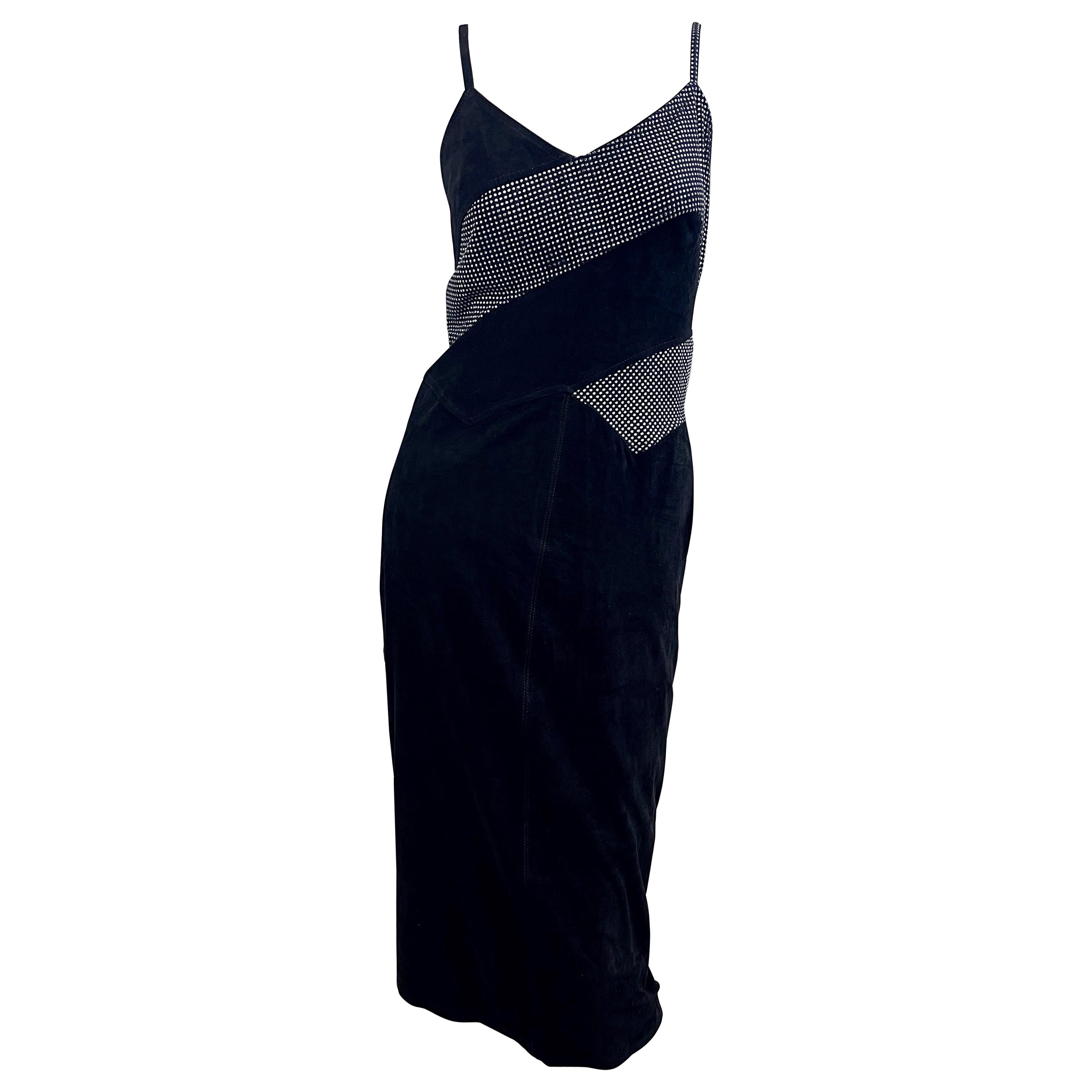 Fendi 1980s Fendissime Black Silver Suede Leather Vintage 80s Hand Painted Dress