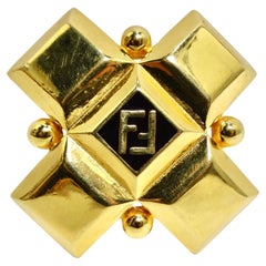 Retro Fendi 1980s Gold Plated FF Large Brooch