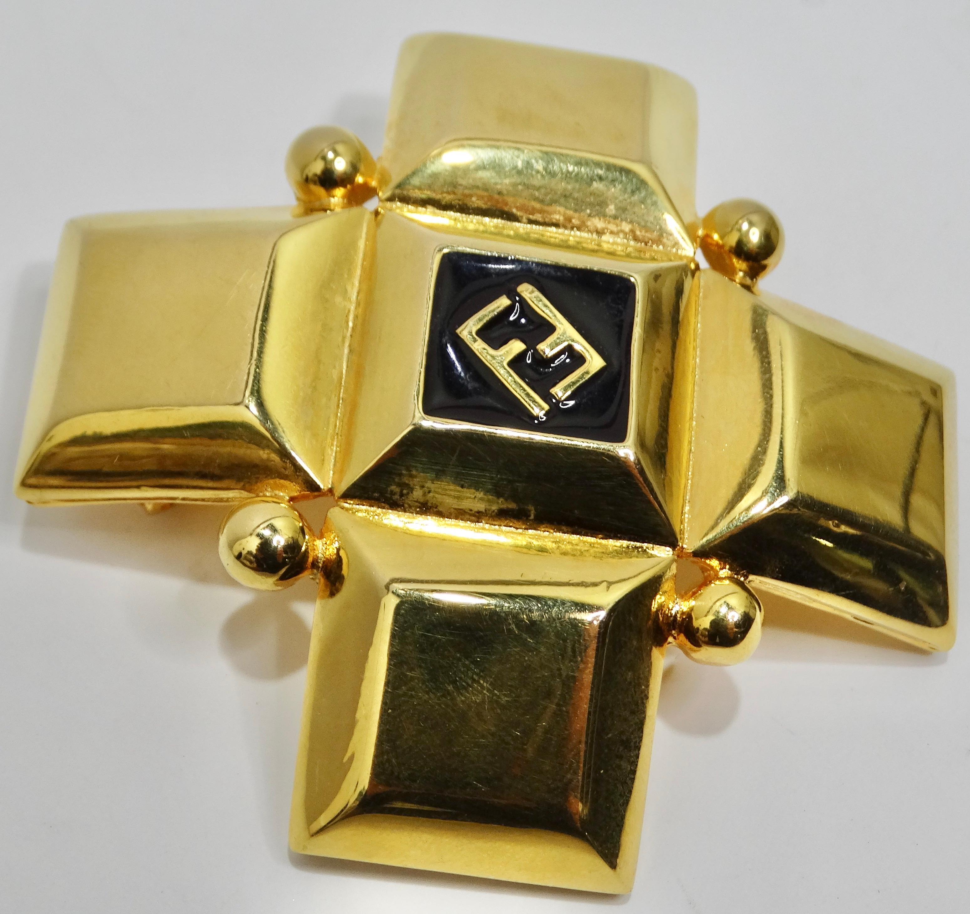 Women's or Men's Fendi 1980s Gold Plated FF Small Brooch For Sale