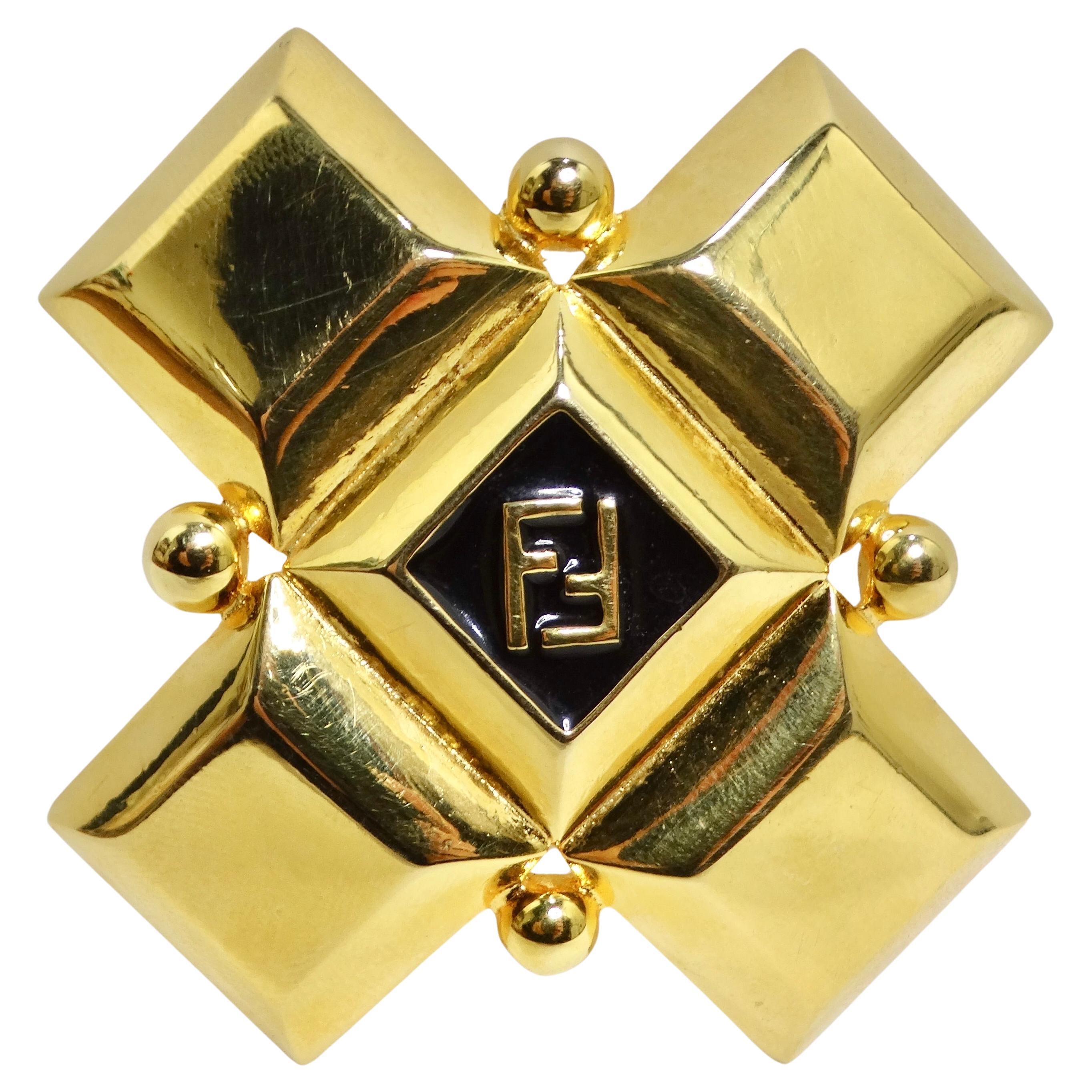 Fendi 1980s Gold Plated FF Small Brooch For Sale