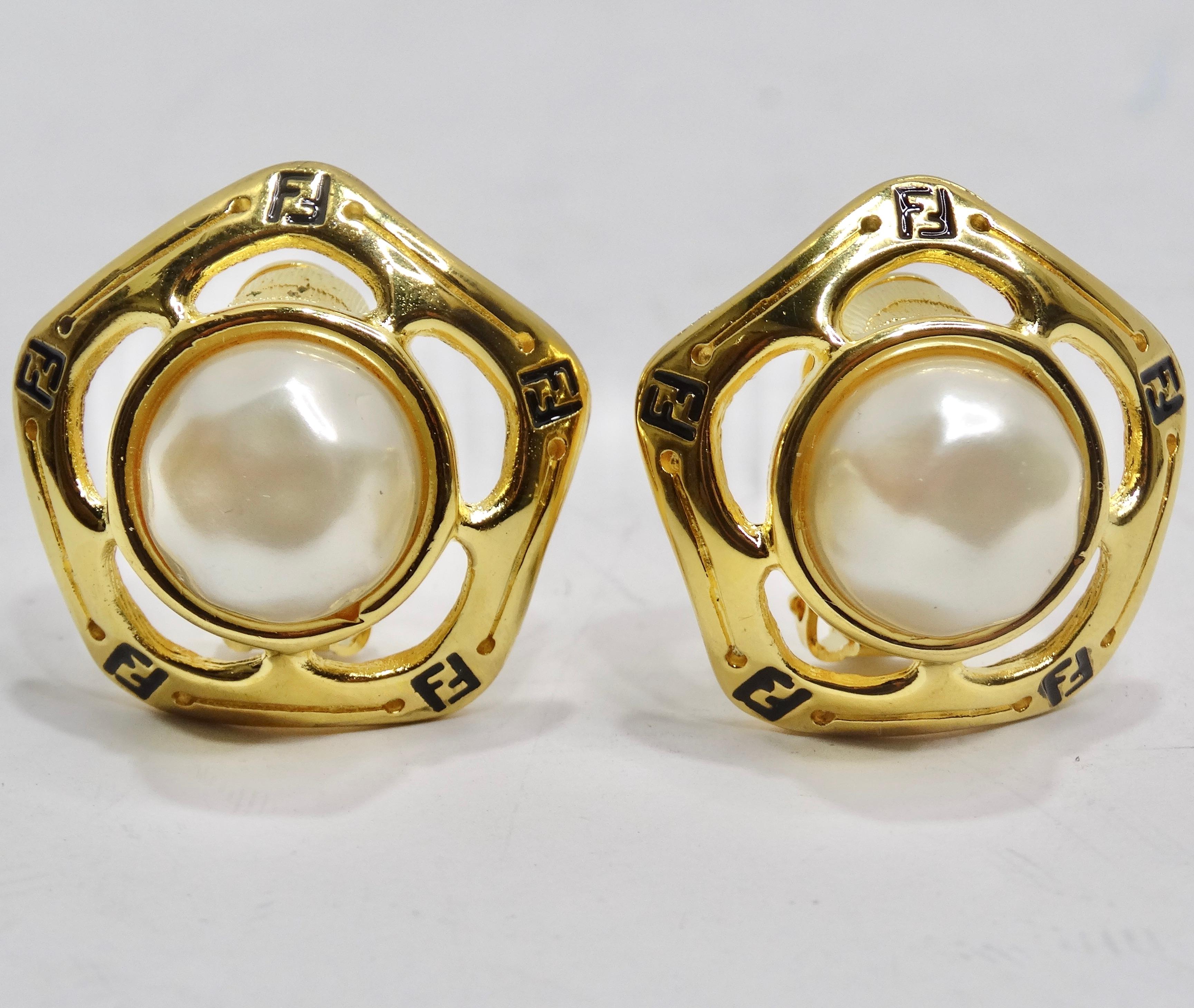 Women's or Men's Fendi 1980s Gold Tone FF Pearl Earrings For Sale