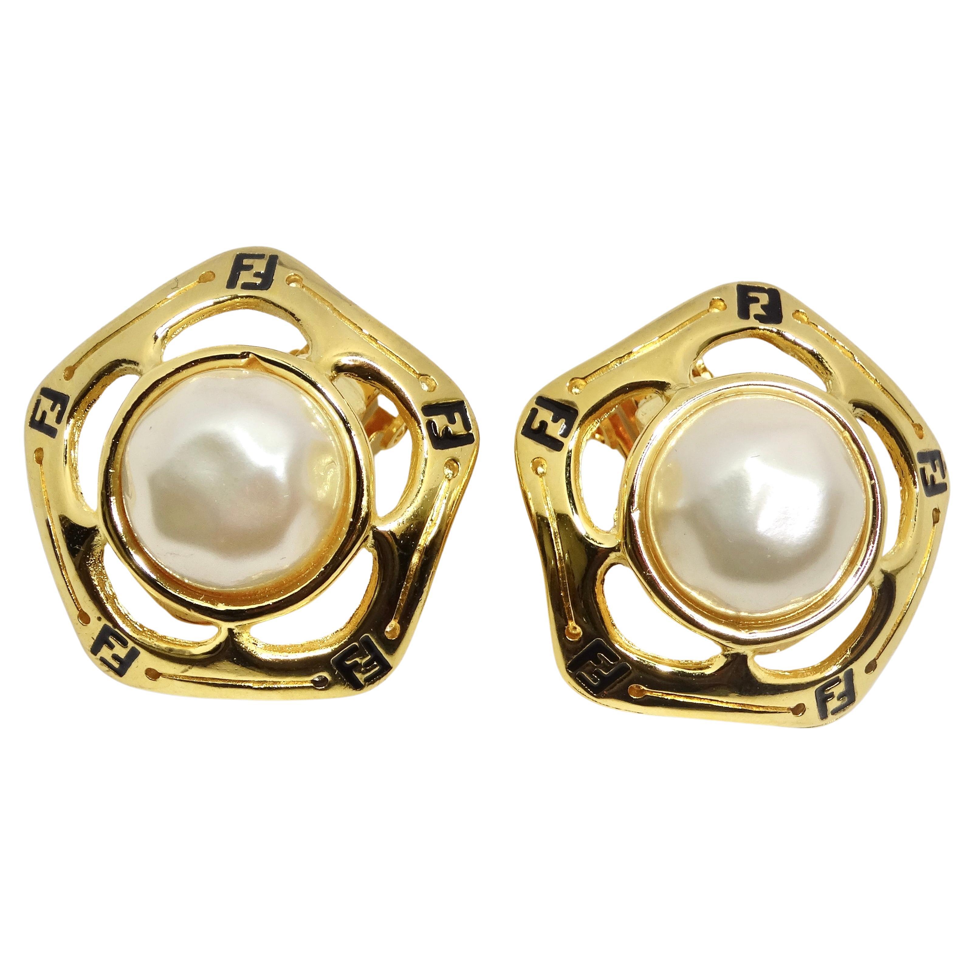 Fendi 1980s Gold Tone FF Pearl Earrings For Sale