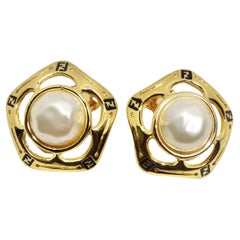 Vintage Fendi 1980s Gold Tone FF Pearl Earrings